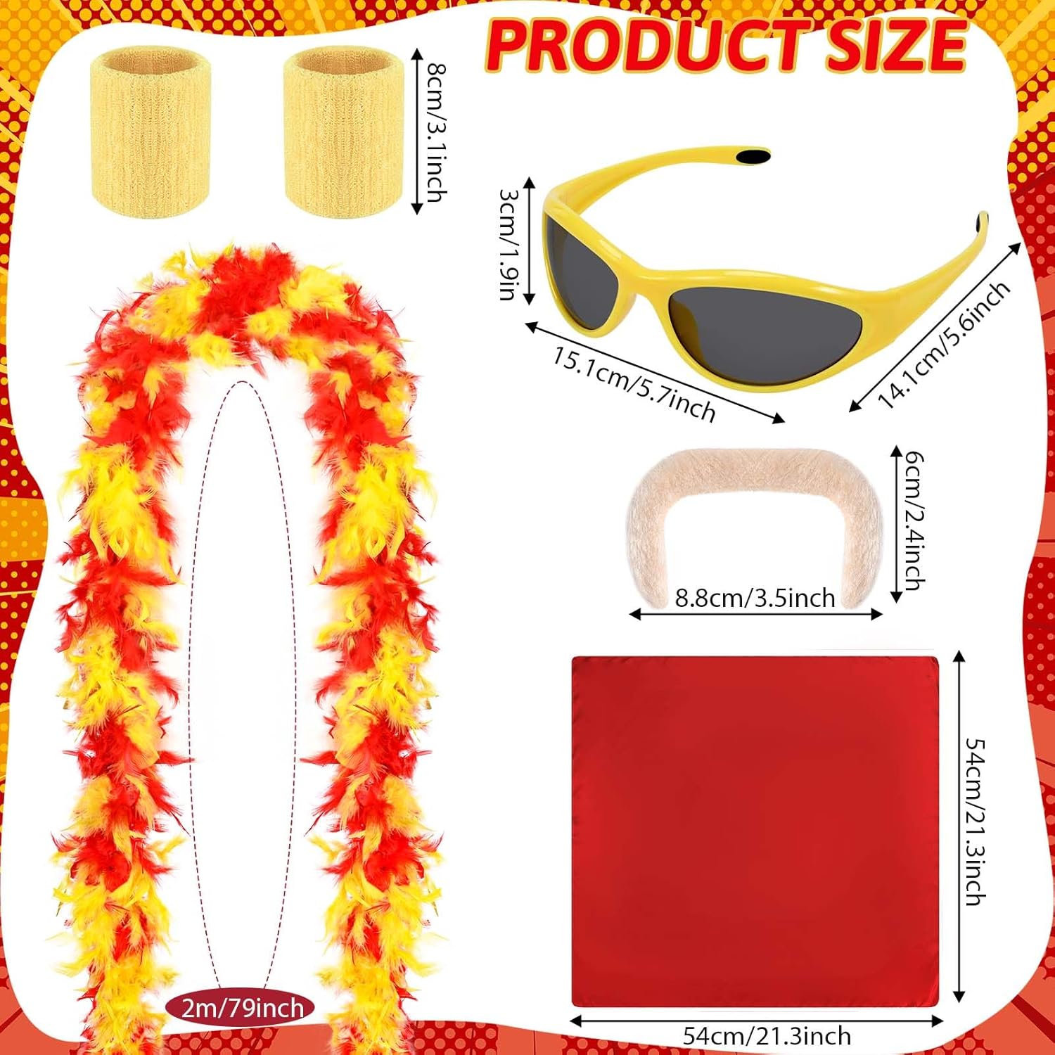 7 Pcs Halloween Wrestler Costume with Feather Boa Mustache Bandana Wrist Sweatbands Glasses Shorts Socks for Cosplay - Image 2