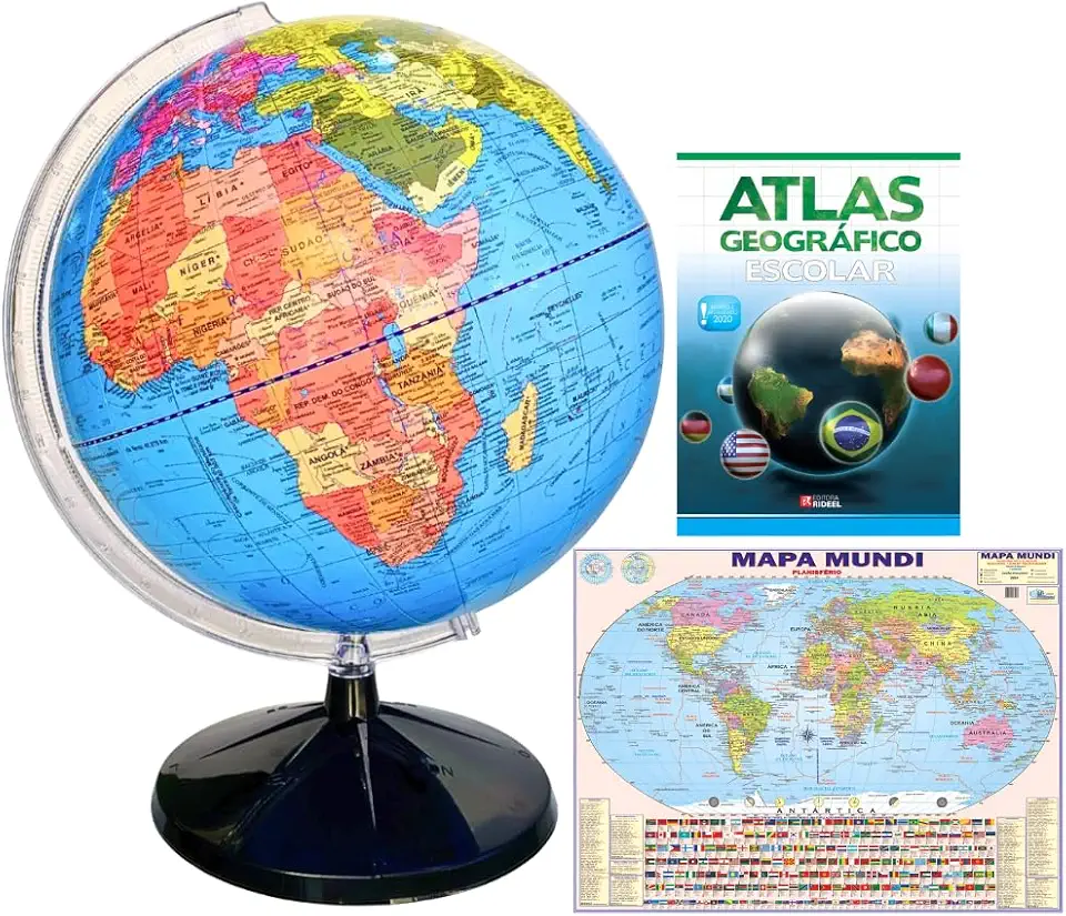 GLOBO TERRESTRE CONTINENTAL 30CM + ATLAS GEOGRÁFICO + MAPA MUNDI GIGANTE