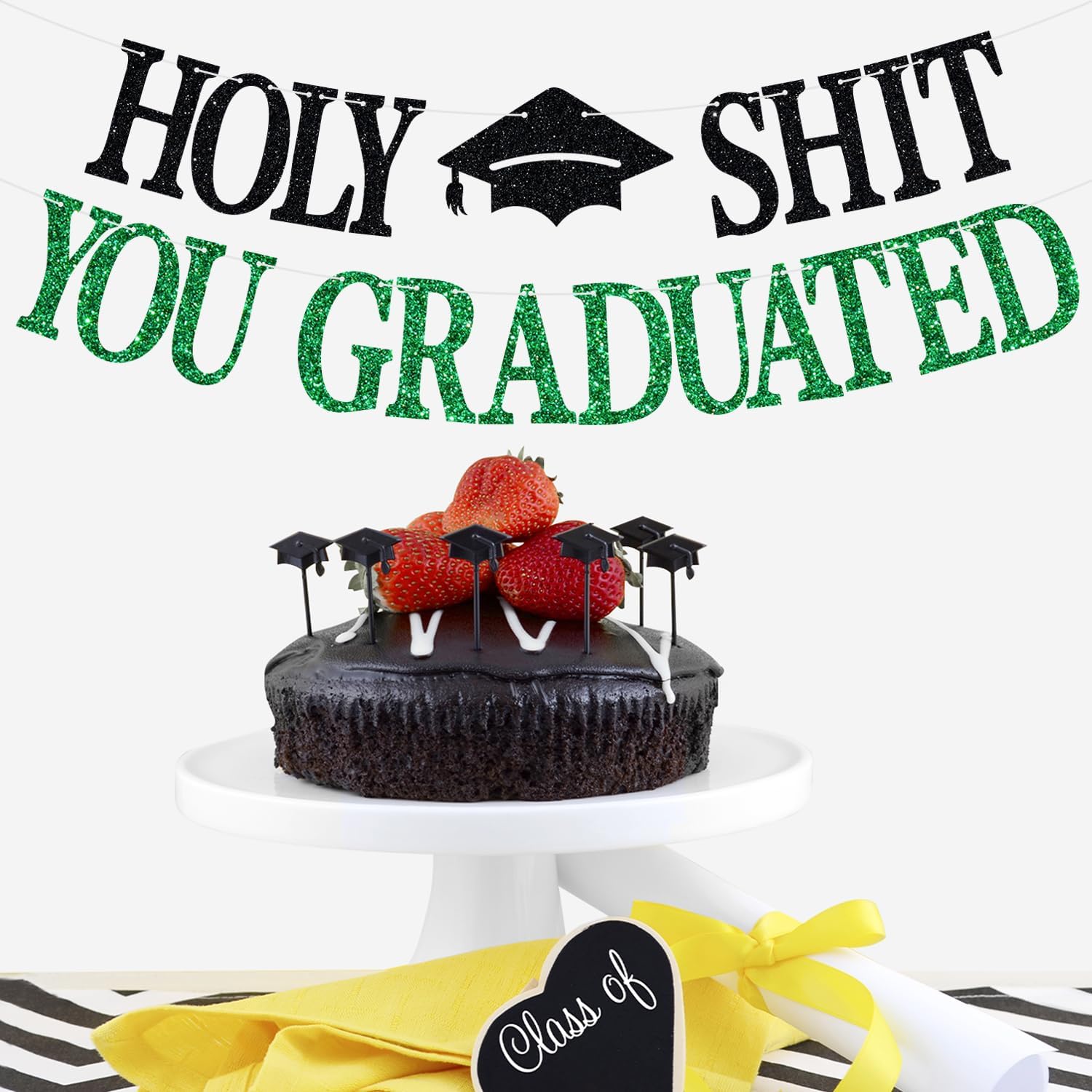 Congrats Grad 2026 Banner, You Did It Hanging Decorations, Class of 2026 Graduation Party Decorations Supplies Green and Black Glitter - Image 4