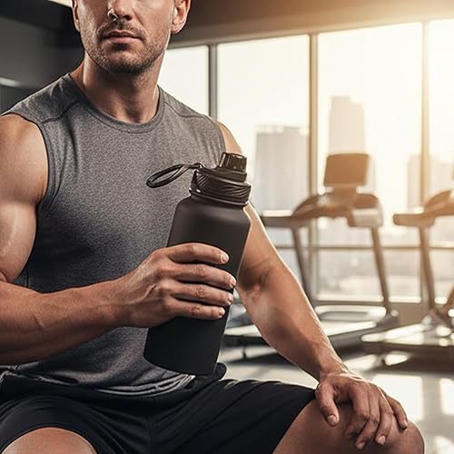 Miniatura 4 de Botella de agua negra aislada de 32 onzas, botella de agua grande de acero inoxidable de metal, botella de agua para hombre, para gimnasio,