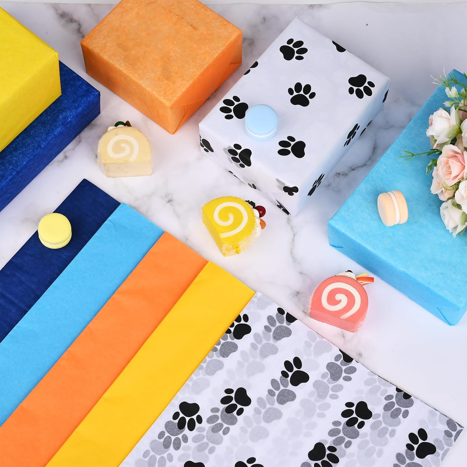 Bolsome 100 Sheets 20 * 14 Inches Blue Orange Tissue Paper with Black Dog Paw Printed Tissue Paper for Gift Wrapping for Baby Shower Blue Dog Themed Birthday Party DIY Craft