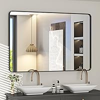 Vista 28 de Espejo rectangular para pared de baño de 20x30 pulgadas con marco negro mate, espejo de tocador con esquinas redondeadas, espejo de baño de metal