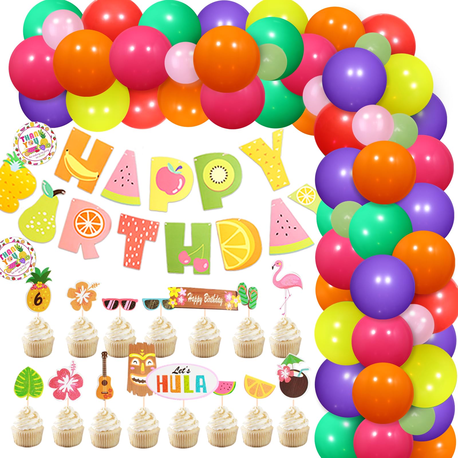 Tutti Frutti Party Decorations Supplies Balloon Garland Kit Fruit Balloons Happy Birthday Banner Cupcake Topper for Birthday Baby Shower Decorations