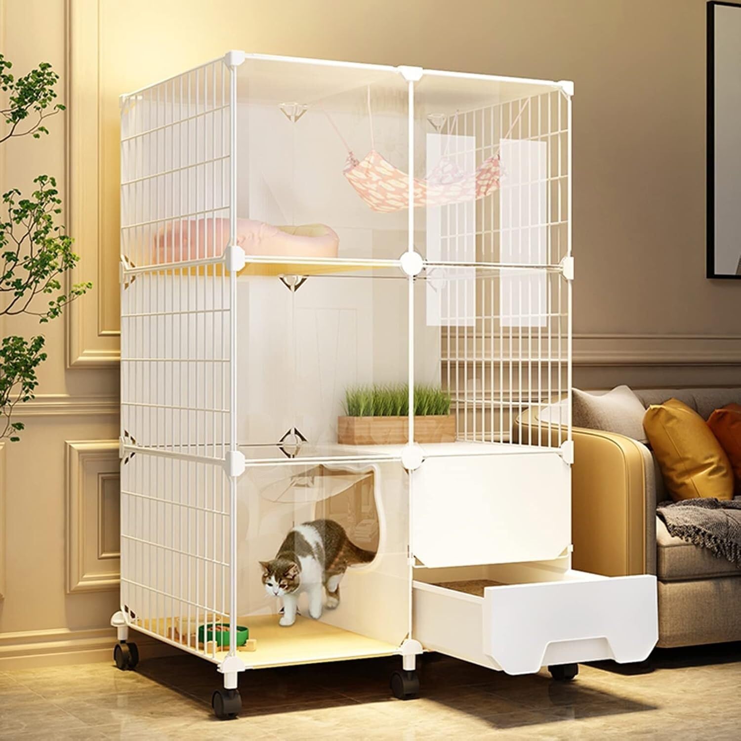 Gabbia for Gatti da Interno: in Filo Metallico, smontabile e con Ruote(70 * 45 * 113cm)
