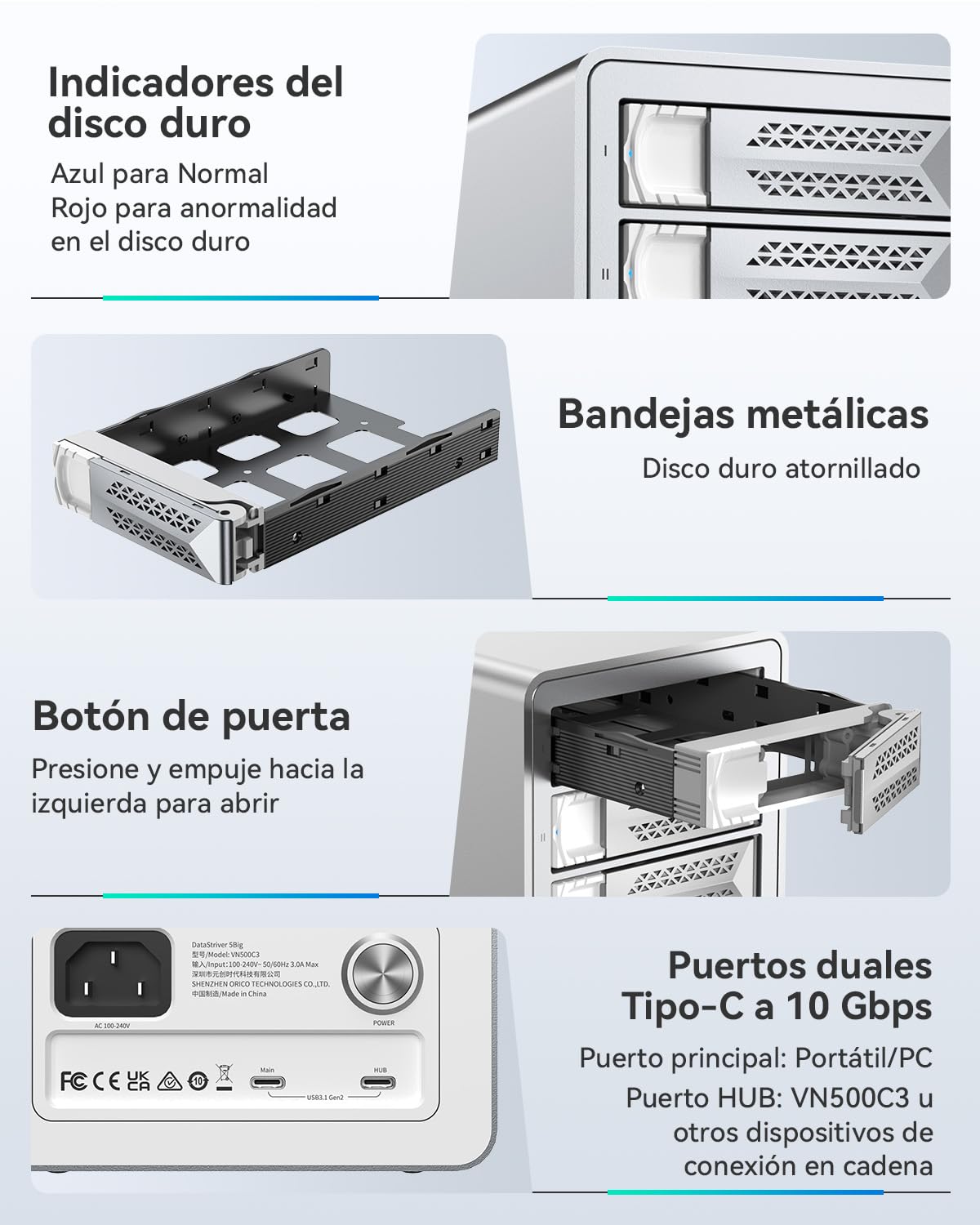 Yottamaster Caja 5 Bahías para Disco Duro, 10Gbps Daisy-Chain 5 Bay Das, Carcasa USB C Das de Aluminio Soporta 110TB (5x22TB) Máximo hasta 330TB para 2.5"/3.5" SATA HDD/SSD (Sin Disco)
