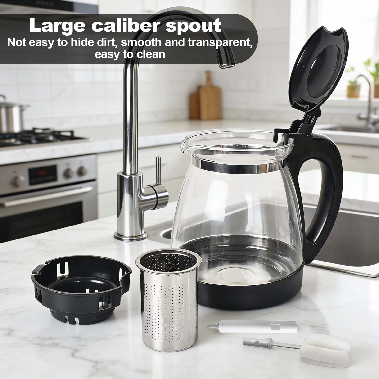 Teekanne Glas 2 Liter Hitzebeständig Glaskanne mit Siebeinsatz, Edelstahl Filter Sieb, Bürste, Wärmeisolierungspad - Tea Maker, Für Schwarztee, Grüntee, Kräutertee und Fruchttee
