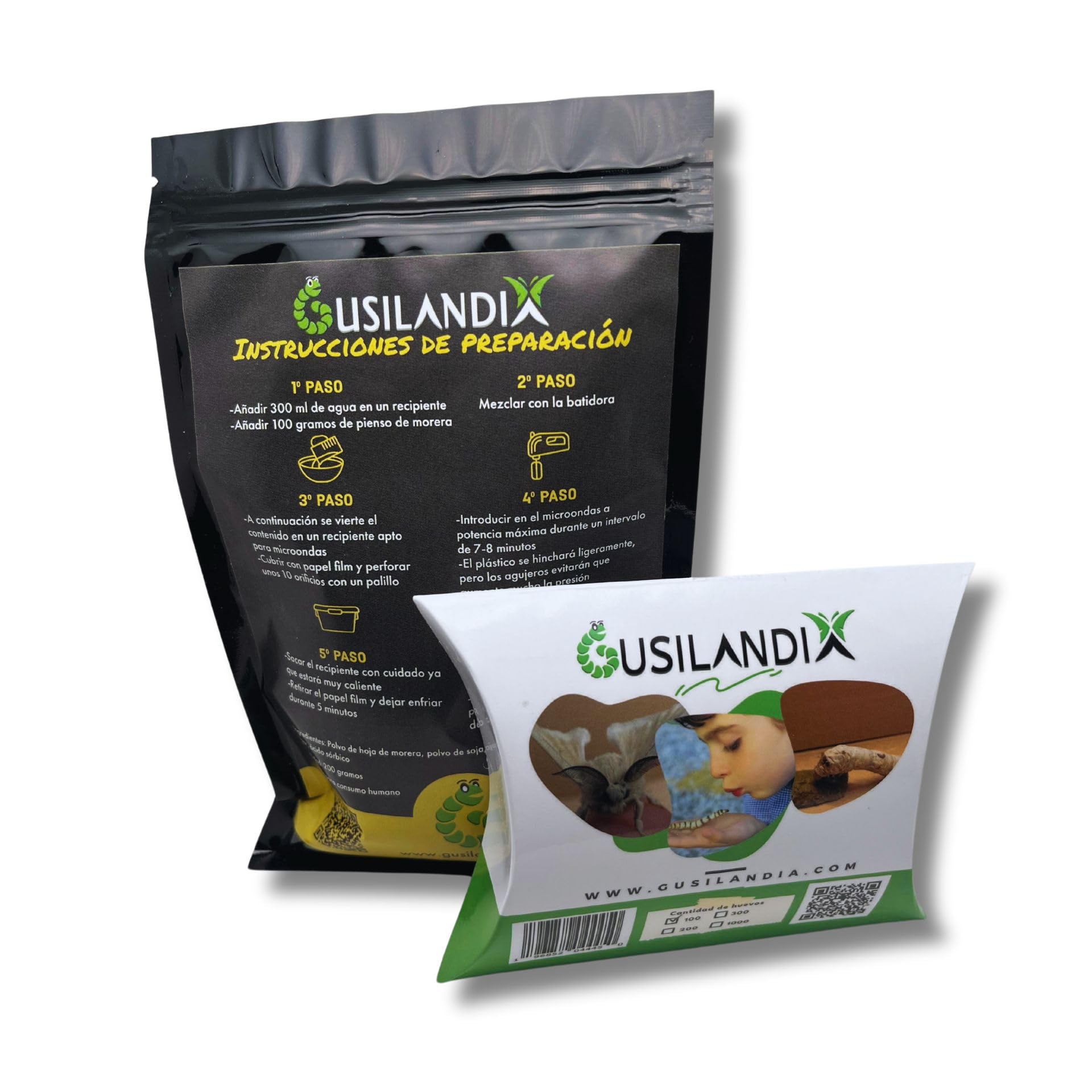 Kit Gusanos de Seda y pienso de Morera – Eclosión rápida -100 Huevos y 200 Gramos de Comida