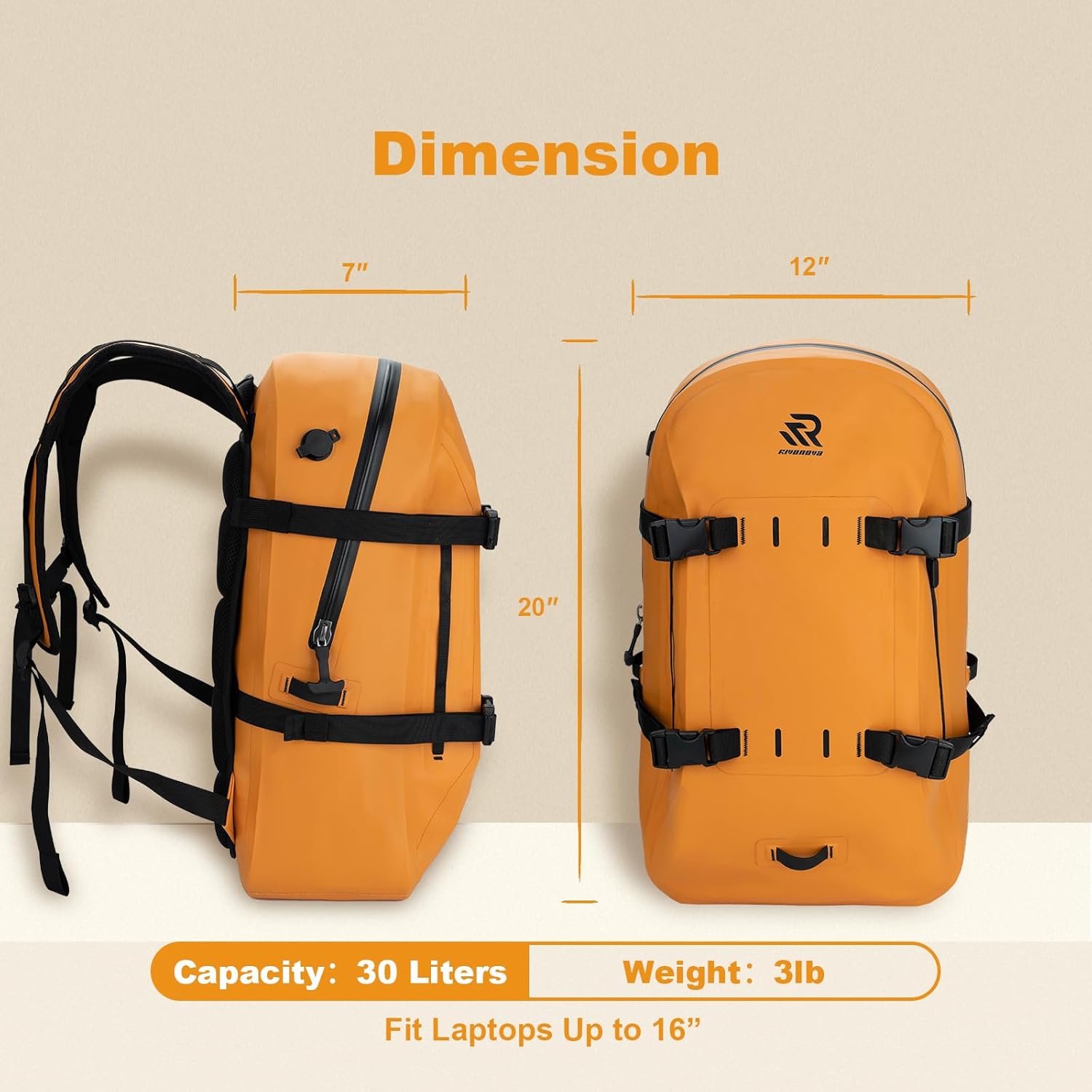Airtight Waterproof Backpack 30L, Floating Dry Bag with Resin Zipper, IPX7 Gear Protection Large Capacity for Men, Kayaking, Paddle Boarding, Fishing, Travel, Surfing, Work, Outdoor Orange - Image 7