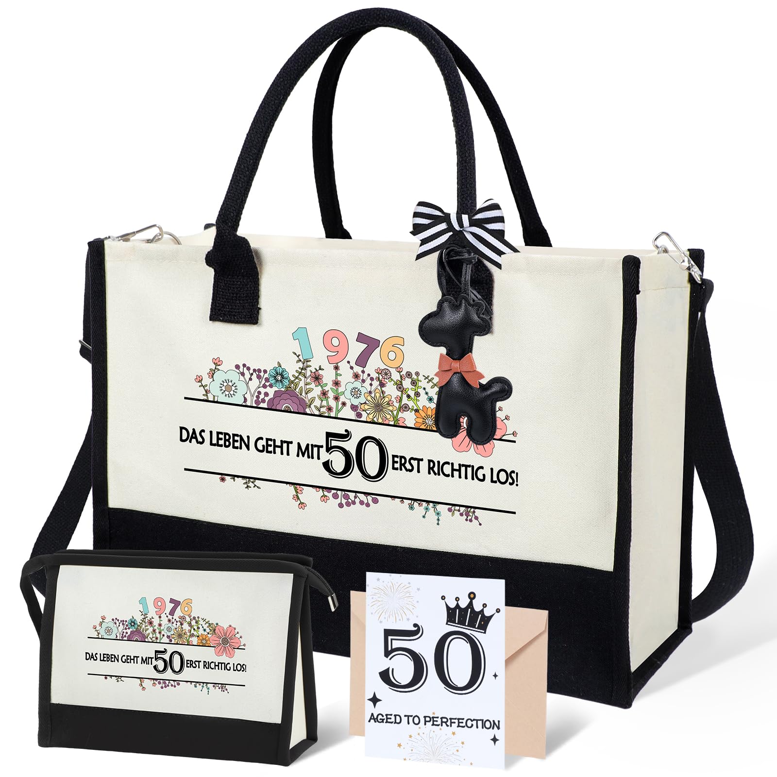 Seutgjie Geschenke zum 50 Geburtstag Frau Vintage 1976 Canvas Einkaufstasche Tragetasche Kosmetiktasche Set mit Glückwunschkarte 50. Geburtstagsgeschenk für Mama Freundin Kollegin Schwester | Geburtsjahr, Reh-Anhänger, Originaldesign, Glückwunschkarte