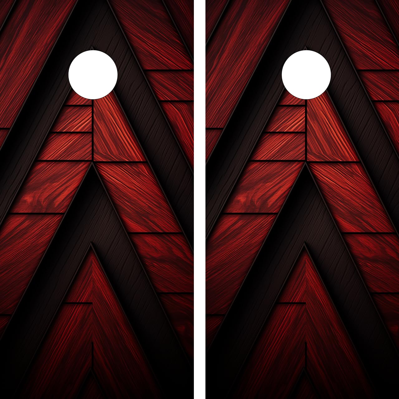 Pair of Waterproof Cornhole Board Wraps- Decals ONLY- Red and Black Wood Grain Triangle Design - Laminated - Easy to Apply