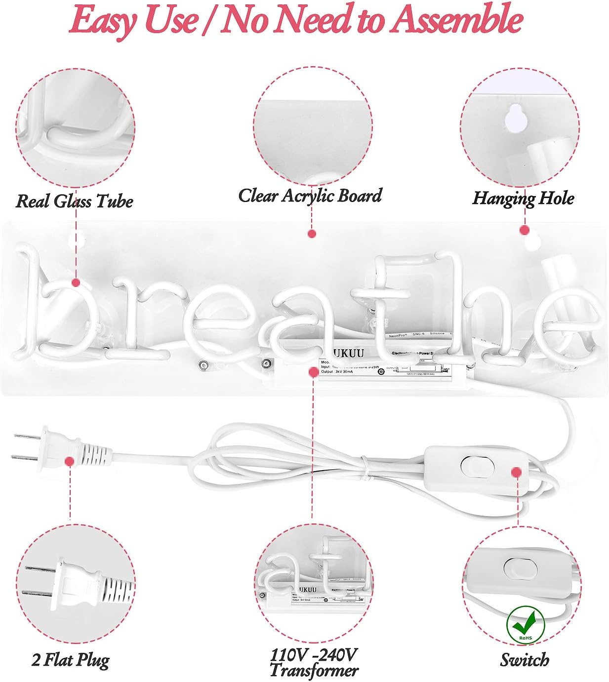 Suреr Dеаl Prоduсt Neon Signs Breathe Neon Light Sign Hanging Neon Sign Words Neon Lights Neon Wall Sign White Neon Light for Wall Bedroom Room Party Decor