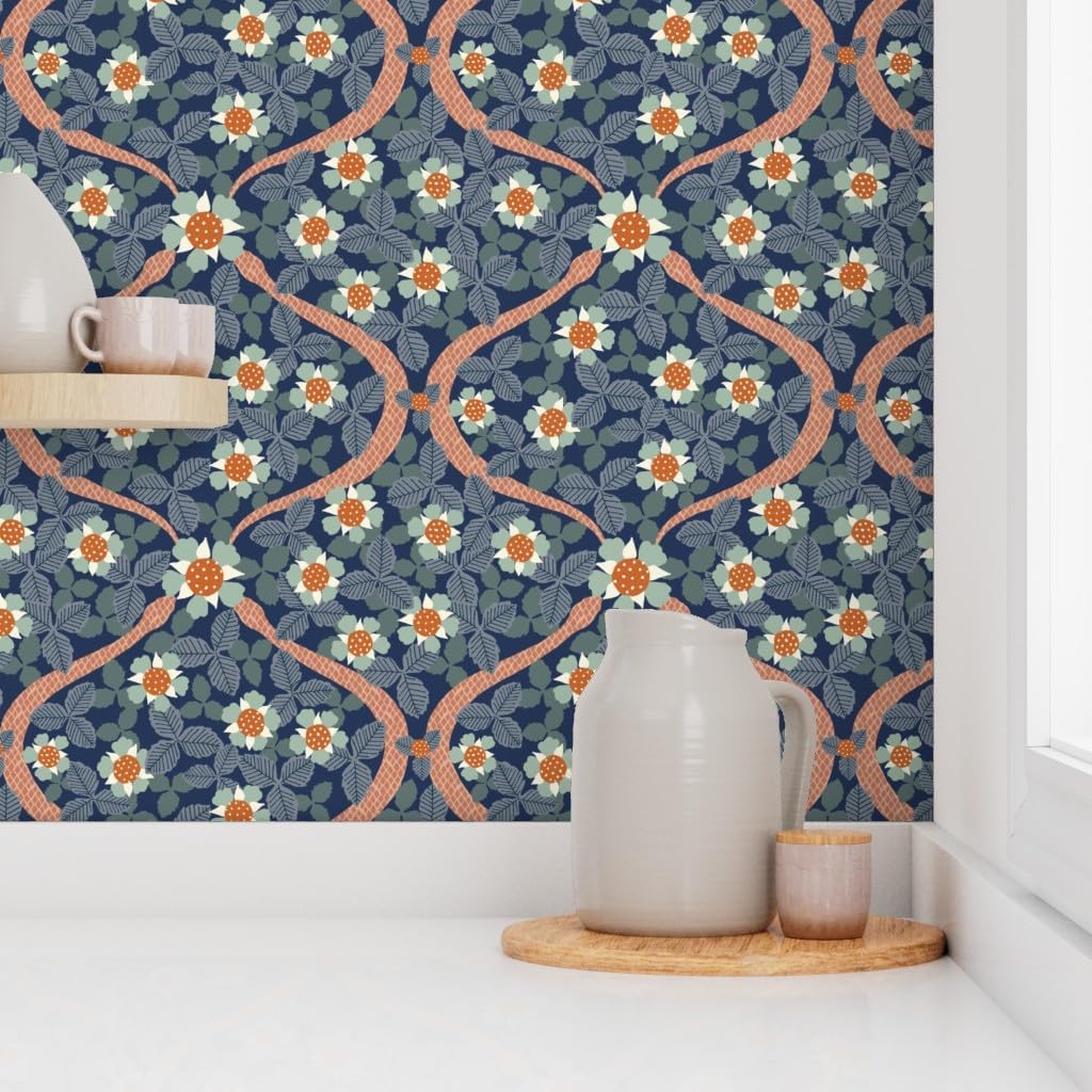 Peel & Stick Wallpaper 3ft x 2ft - Floral Navy Botanical Dark Blue Snake Arts and Crafts Maximalist Strawberry Art Nouveau Medium Scale Custom Removable Wallpaper by Spoonflower