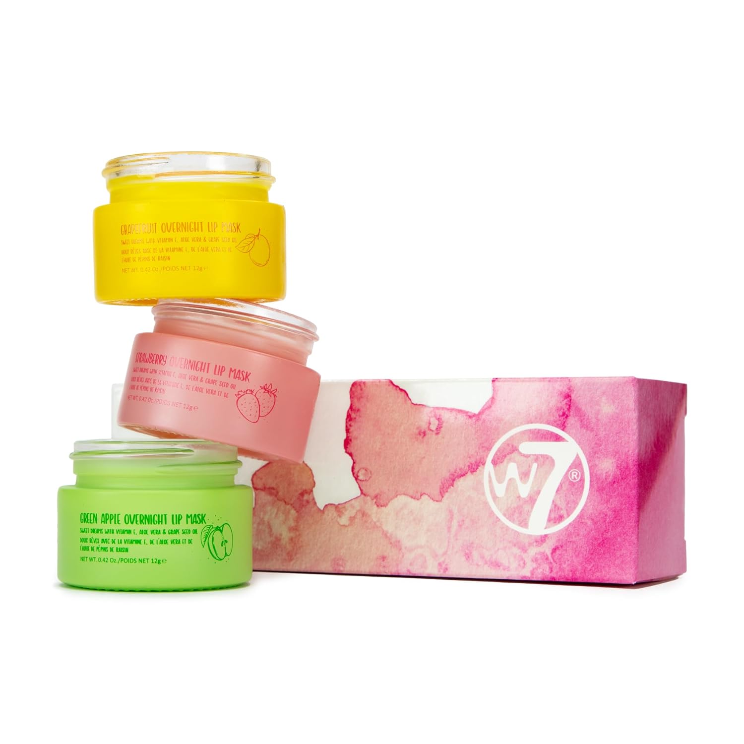 W7 Sweet Dreams Overnight Lip Mask Trio – Strawberry, Apple & Grapefruit Flavor Gift Set – Vitamin E, Aloe Vera and Grape Seed Oil – For Hydrated, Full Looking & Irresistible Lips