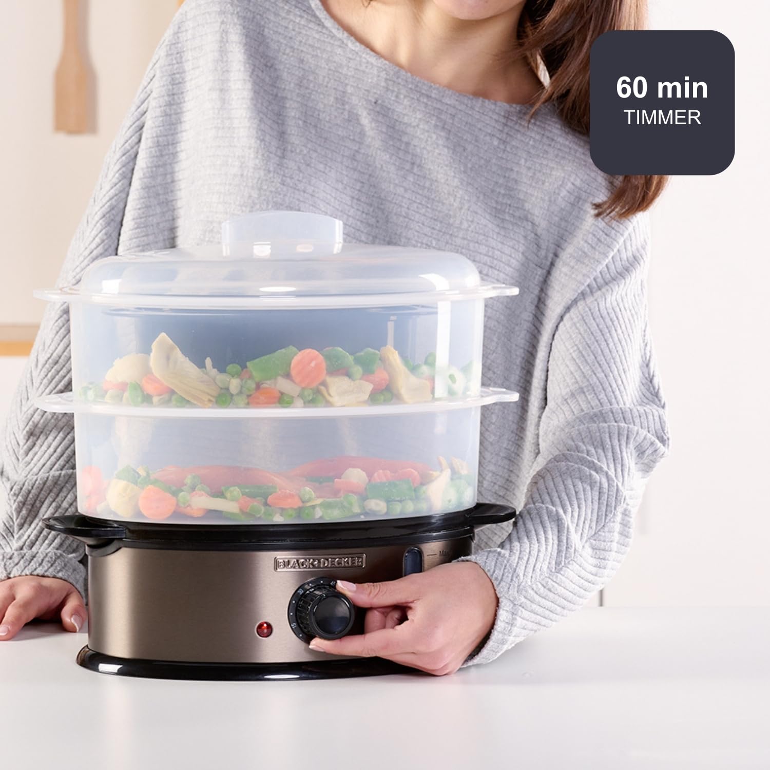 BLACK+DECKER BXST800E - Cuiseur Vapeur 800W | Capacité 6,5L (6-7 Portions) | Réservoir Eau 1L avec Indicateur | 2 Plateaux Empilables + Bol à Riz | Minuterie 60 min | Sans BPA | Lavable Lave-Vaisselle