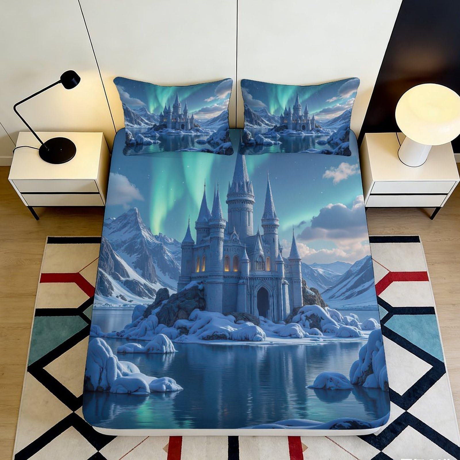 3D Printed Ice Castle Aurora Fitted Sheet Microfiber Soft Mattress Cover Snowy Landscape Bed Decor 120x200cm 180x200x25cm