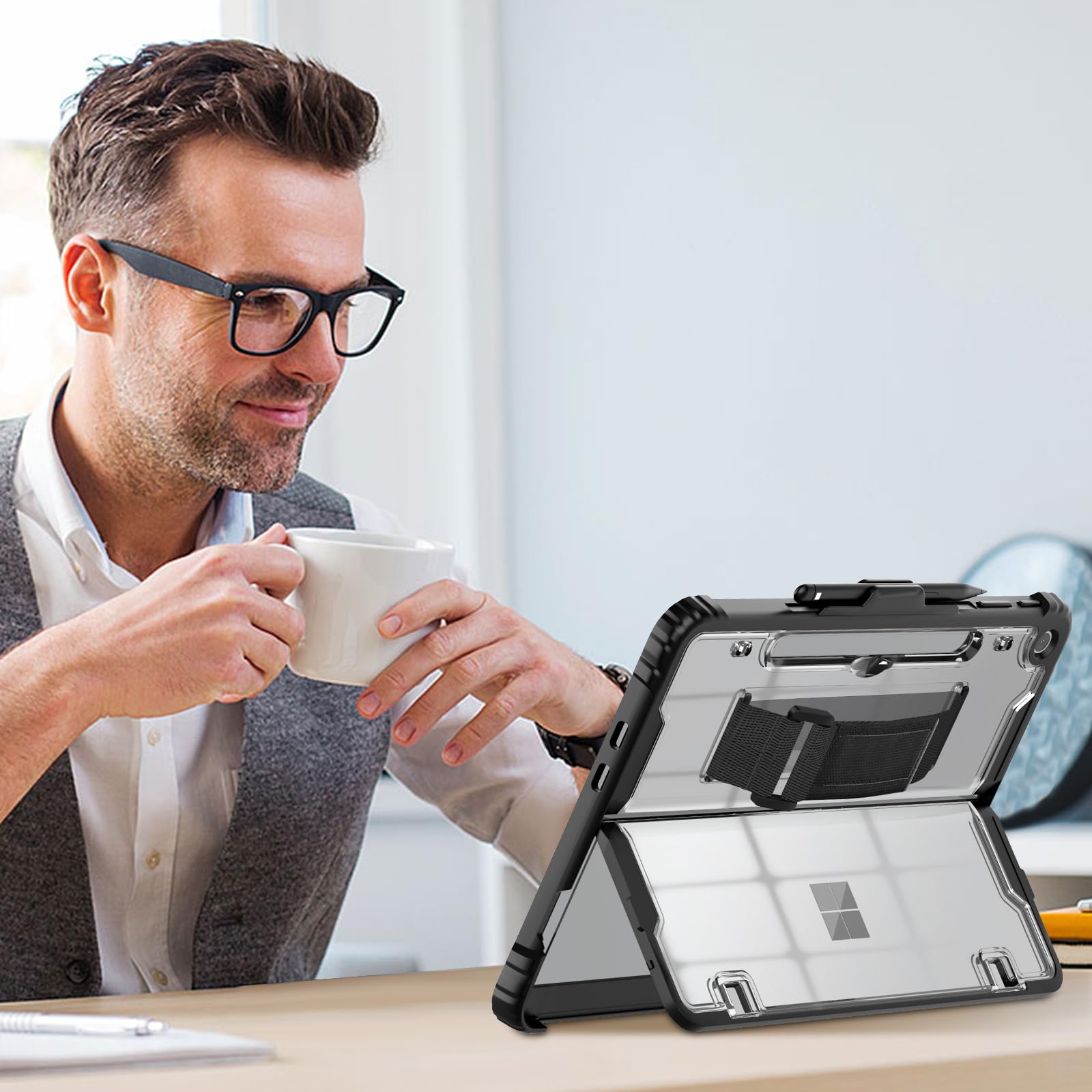 TiMOVO Case for Microsoft Surface Pro 12 Inch 2025 with Pen Holder, Rugged Clear Back Protective Cover with Removable Hand Strap, Compatible with Type Cover Keyboard, Black
