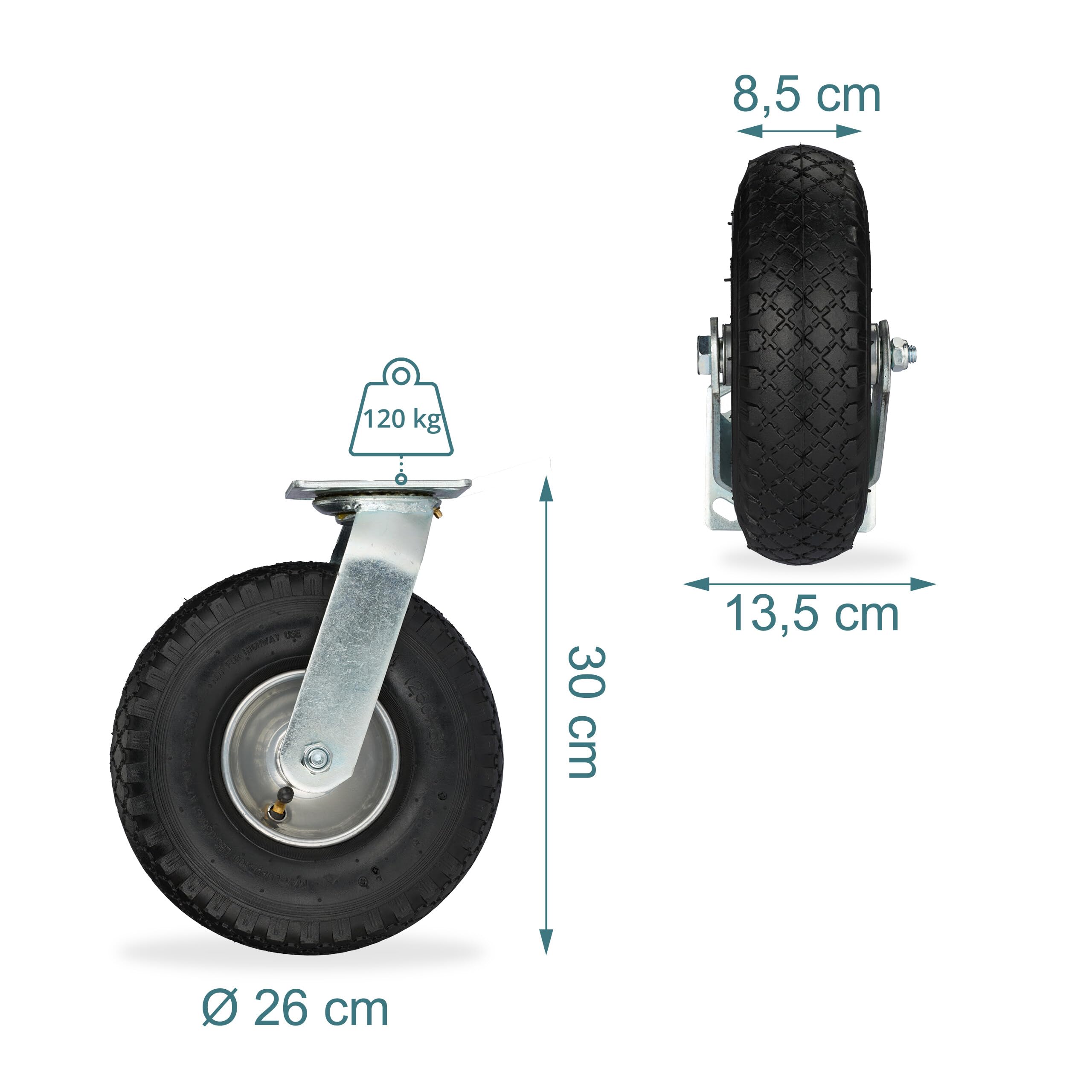 Relaxdays 4 Ruote Fisse e Girevoli 3.00-4, Rotelle per Mobili e Carichi da 120 kg, Piastra di Fissaggio, Nero Argentato