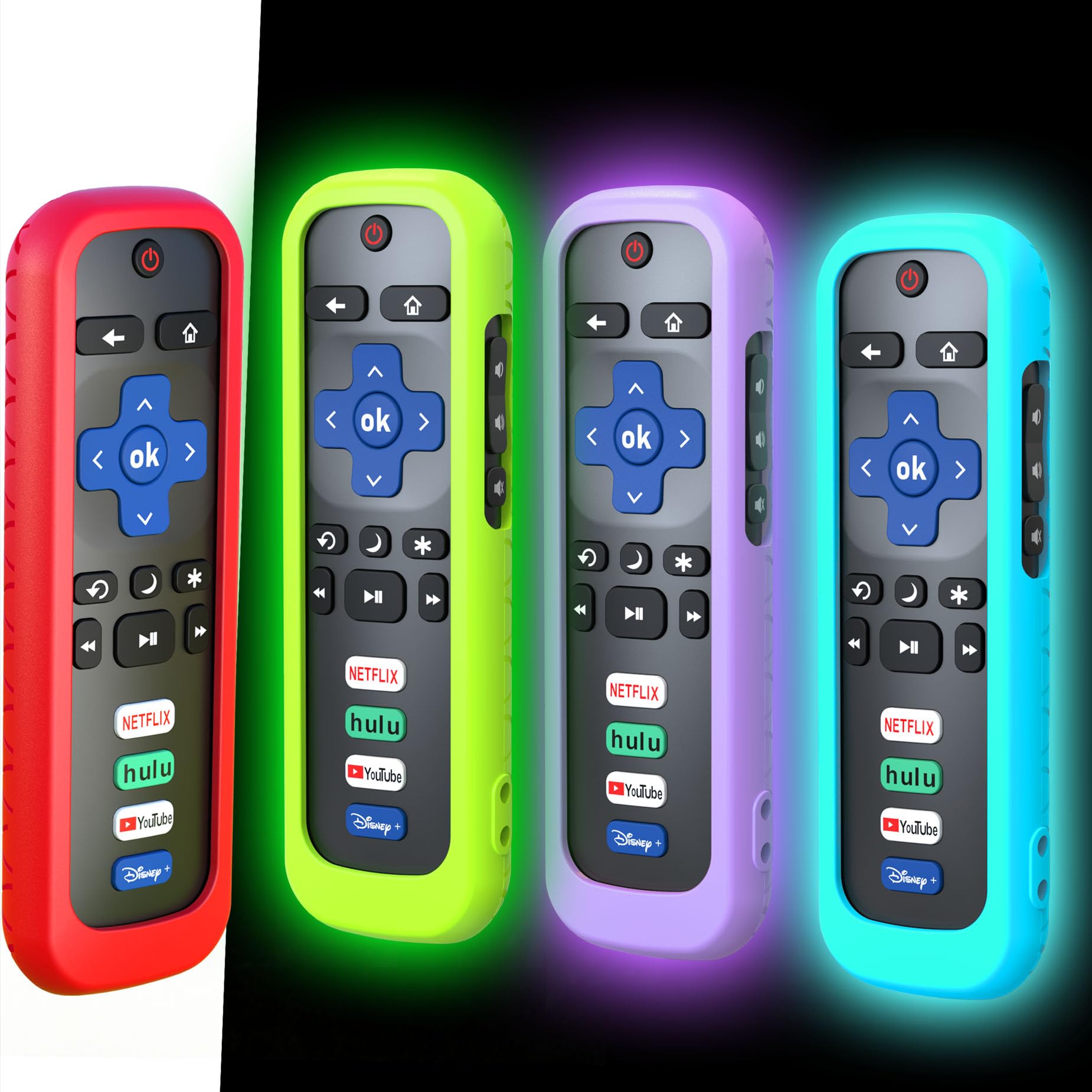 Paquete de 4 fundas para control remoto Roku, cubierta de batería para TCL Roku Smart TV Steaming Stick Remote, Roku TV, funda protectora de silicona, funda universal que brilla en la oscuridad, verde