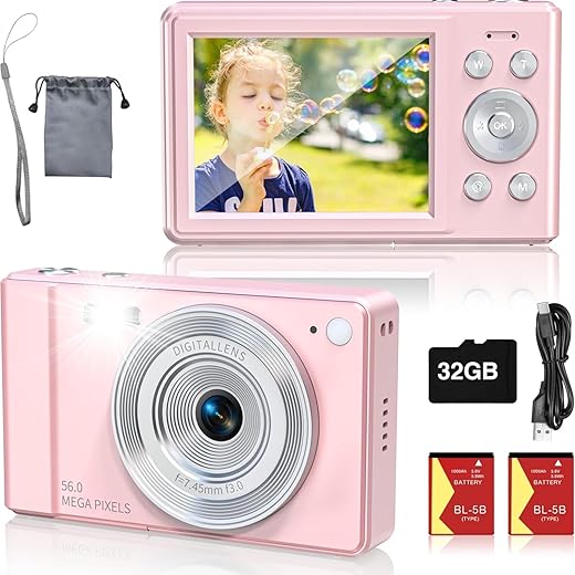 Kids Digital Camera - 56MP FHD 1080P with 16x Zoom, Compact Small Camera for Kids, Pink