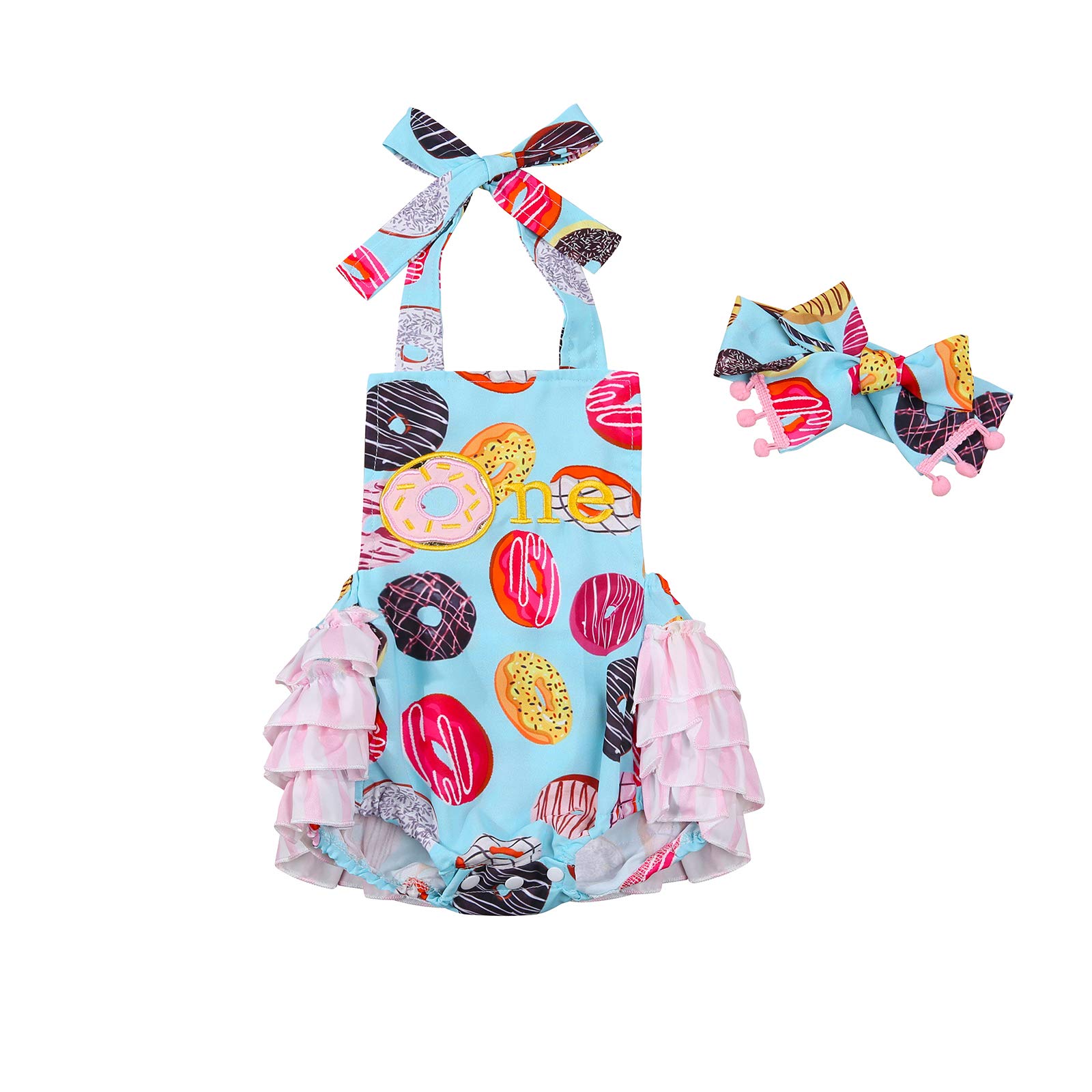 Hnyenmcko Newborn Baby Girl Romper Doughnut Bodysuit Halter Ruffled Backless Sleeveless Jumpsuit Headband Summer Birthday Outfit (Blue & Pink, 0-6 Months)