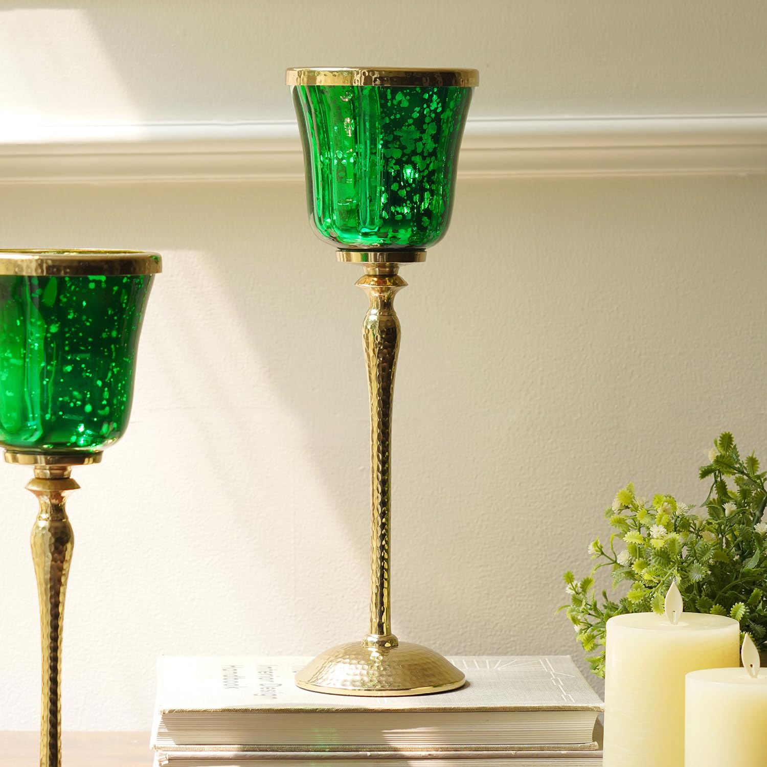 Pure Home + Living Green Glass Hurricane with Hammered Base for Home Table Decor,Centerpiece, Vases for Home Decor,Gift, Hurricane Candle Holders (Pack of 1)-image-39