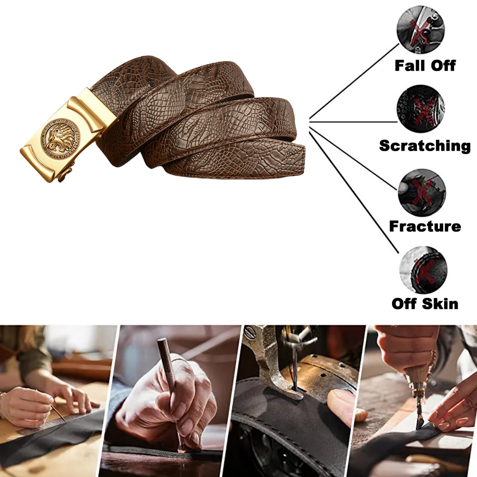 Cinturón Con Trinquete Deslizante, Piel De Vacuno Relieve Cocodrilo, Hebilla Automática Grabado León, Cintura Ajustable 110 Cm/37 Pulgadas, Negro For Uso Informal Y Negocios