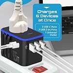 Ceptics World International Travel Plug Adapter - Powerful 35W with Pd & QC 3.0 Dual USB-C Power - 3 USB Ports Wall Charger Type I C G A Outlets 110V 220V A/C - EU Euro US UK
