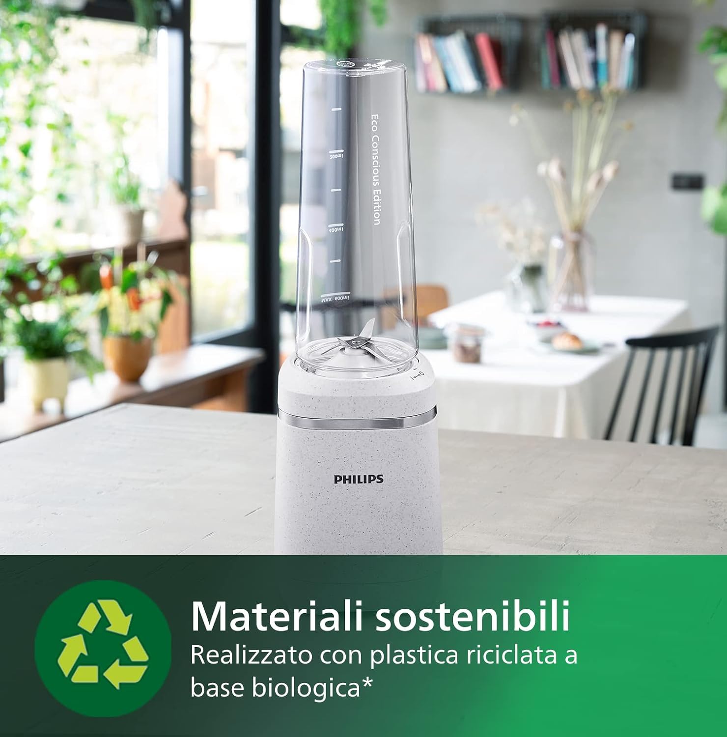 Philips Frullatore elettrico 5000 Eco Conscious, 350W, 0,6L, Bianco opaco | Bicchiere Tritan 600 ml, lama estraibile, tecnologia ProBlend, Senza BPA, borraccia Blend&Go, ricette app HomeID (HR2500/00)