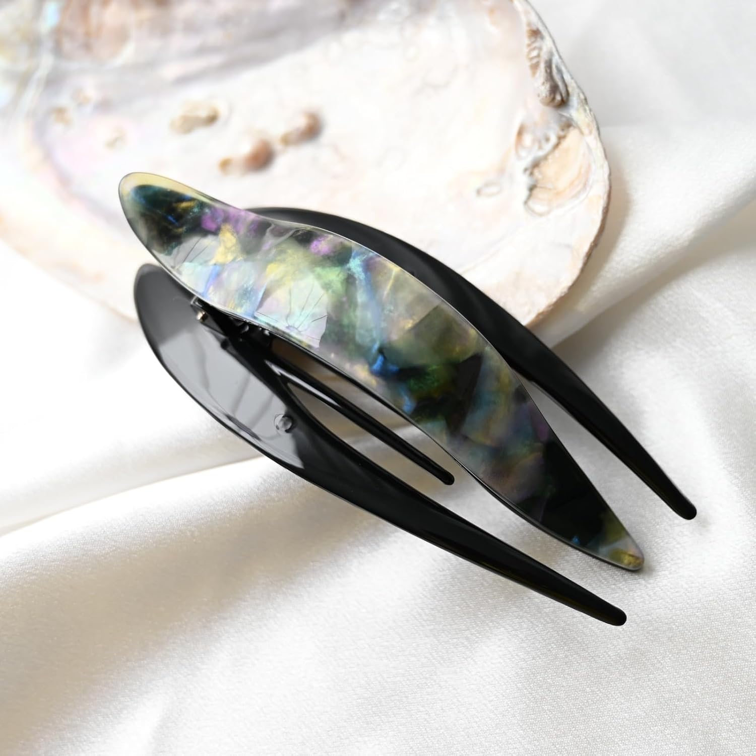 Handmade Celluloid French Design Tortoise Shell Barrettes Side-slide Opening Duck Luxury Fashion Accessories Hair Clip Claw for Women (Aurora green) image 5