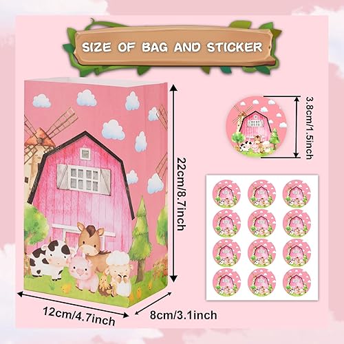 Miniatura 2 de Whaline 24 bolsas de regalo rosas de animales de granja con etiqueta adhesiva, bolsas de regalo de animales de granja, bolsas de papel para baby