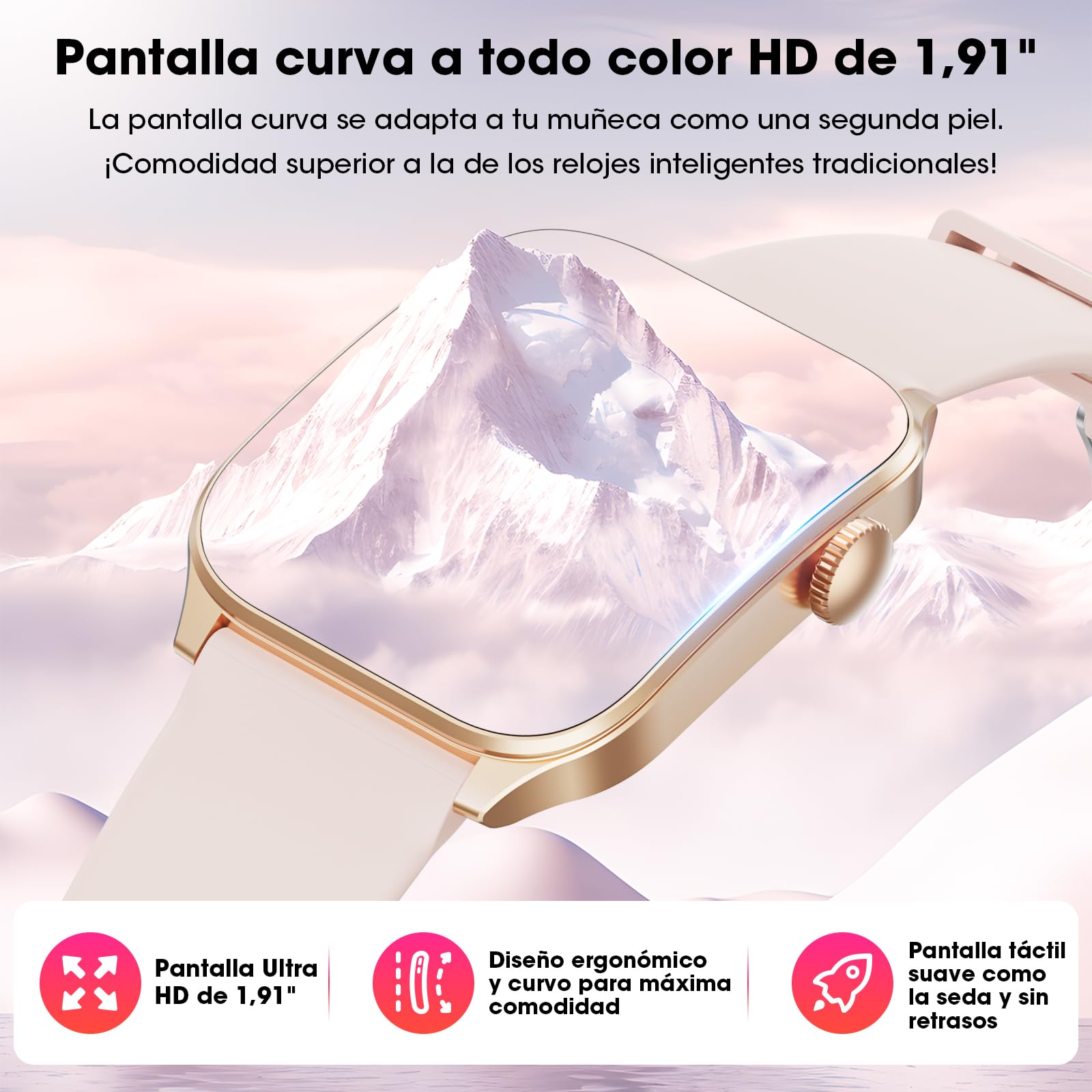 Reloj Inteligente Mujer, 1,91" HD Pantalla Curvada Grande, Moda Smartwatch, Llamadas Bluetooth/Pulsómetro/Monitor de Sueño/100+ Modos Deportivos IP67 Impermeable para Android iOS (Rosa)
