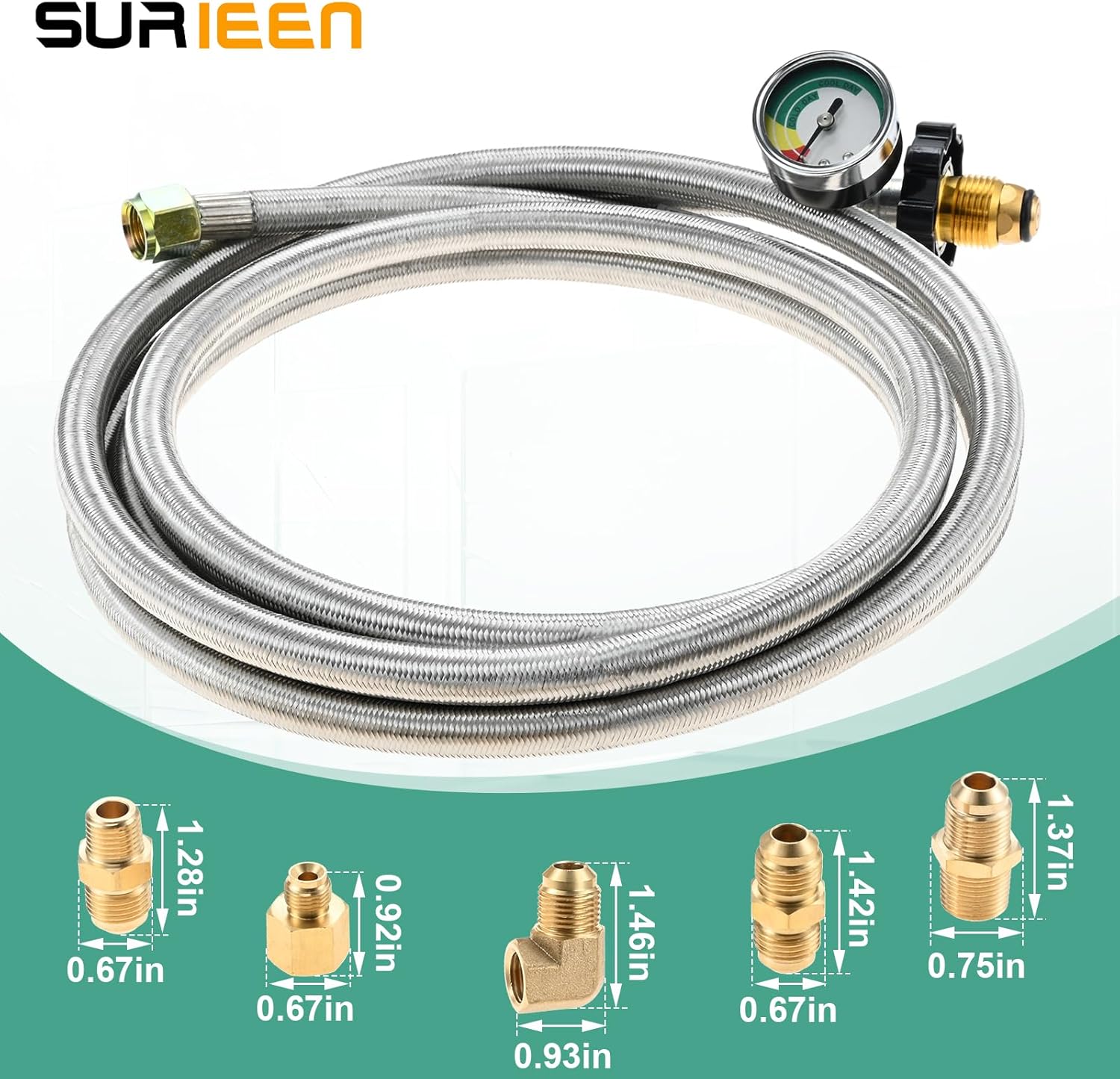10FT High Pressure Braided Propane Hose Extension Kit with Convert Adapter, 3/8"Male Flare, 5pcs Fittings for BBQ Grill, Heater, Fire Pit