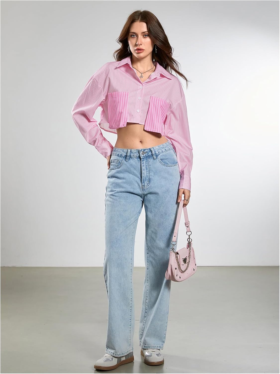 GORGLITTER Women's Cropped Button Down Shirts Y2k Striped Long Sleeve Shirt Collared Blouses Dressy Casual Outfits - Image 3