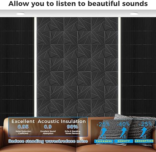 Miniatura 5 de Paquete de 16 paneles acústicos plegables grandes de espuma negra, 12 x 12 x 0.47 pulgadas, alta densidad (1.2 lbpie), ideales para insonorizar