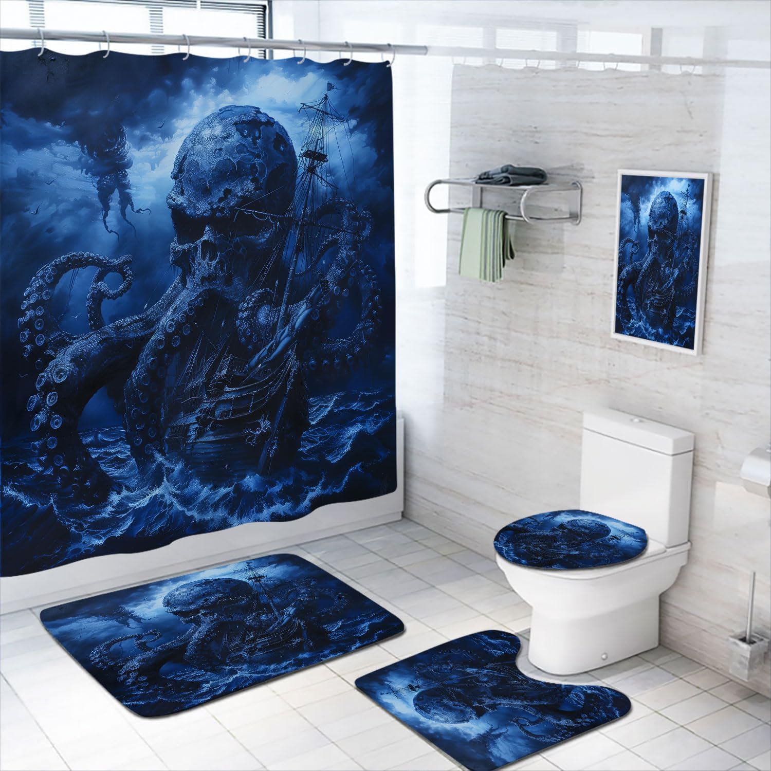 4 Pcs Nautical Shower Curtain Set with Rugs,Toilet Lid Cover, Bath Mat Octopus Ship Sail Boat Dark Fantasy Skull Bathroom Decor Sets Accessories with 12 Hooks