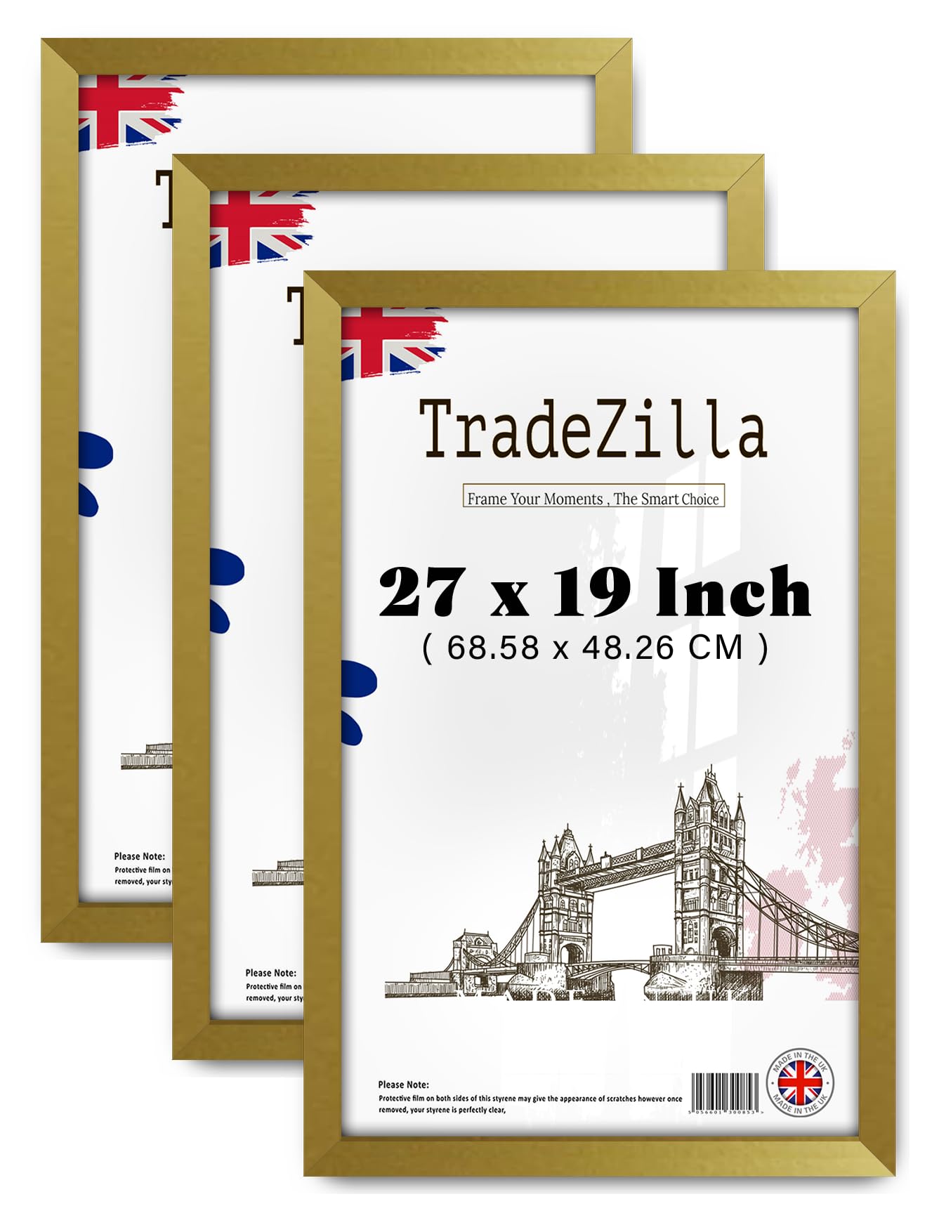 Tradezilla Gold Pack Of 3 Large (68.58 X 48.26 Cm) Frame, 100% Engineered Wood Solid, 19 Inch X 27 Inch Picture Frame For Wall Mounting 685.8 X 482.6 Mm [ ]