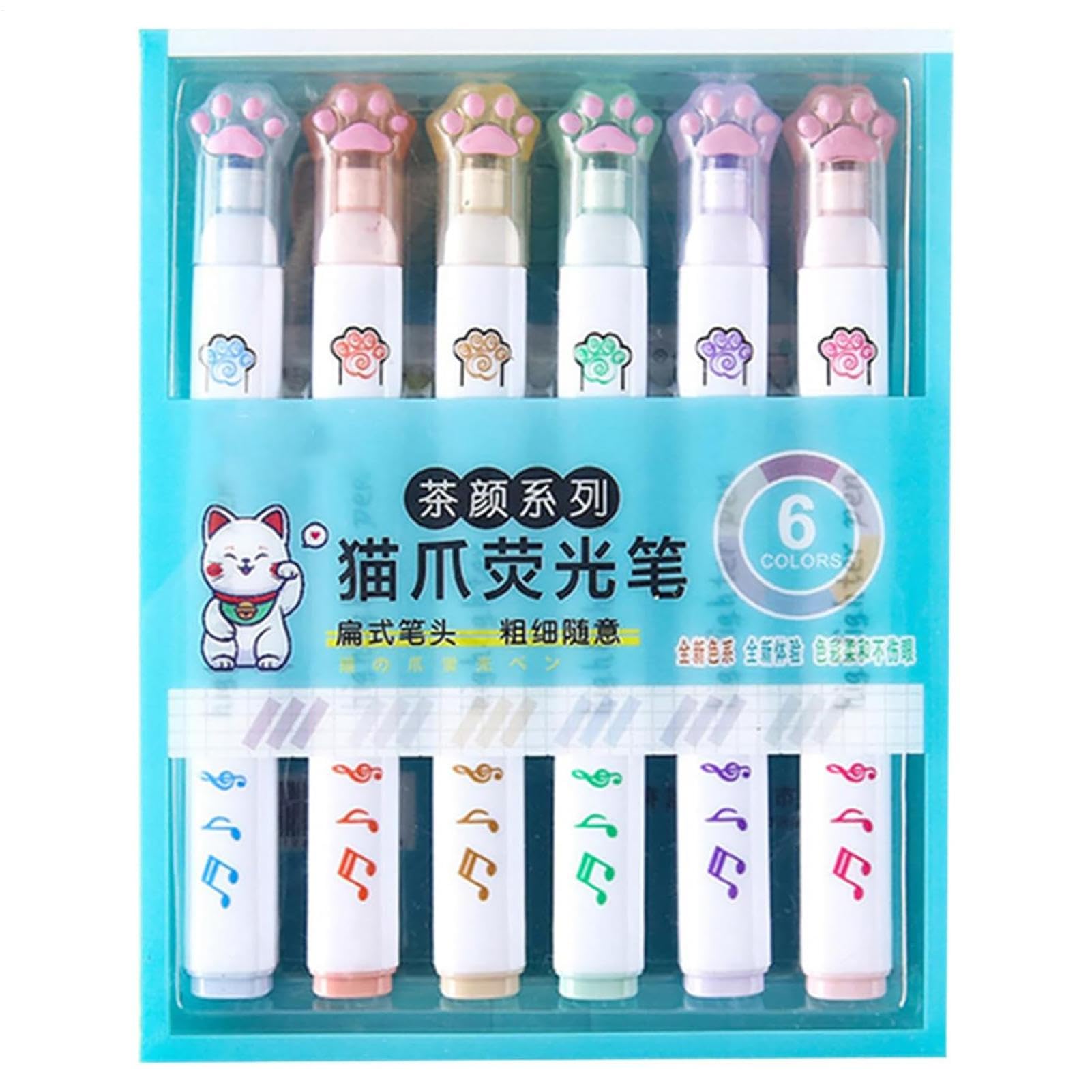 Color Highlighters Set - 6 Pcs Portable Quick Dry Colored Highlighters - Cat Paw Highlighter Clear and Fluent Writing for Diaries, Letters, Card, Note, Scrapbook, for Kids Students Home Office School
