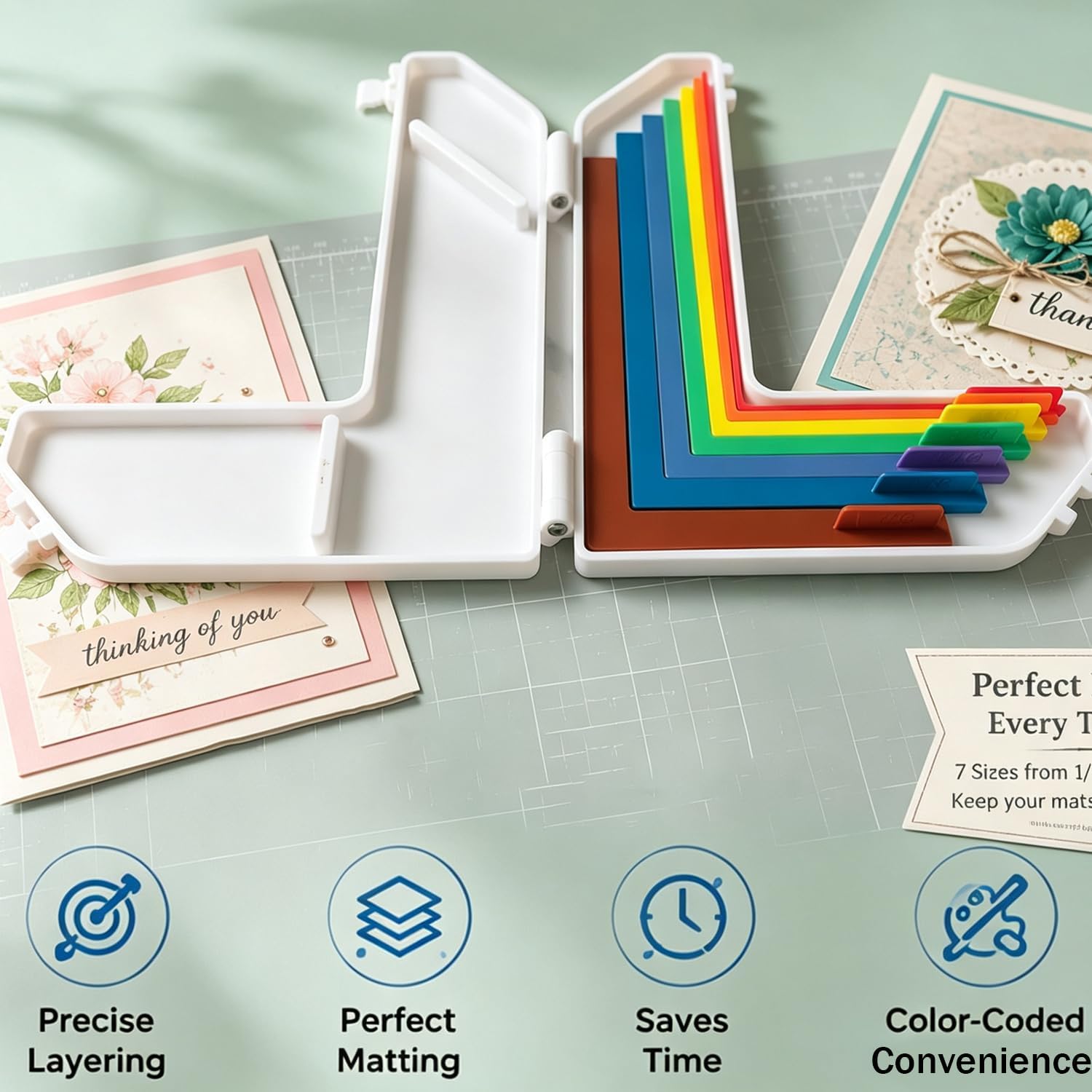 Alignment Guide Set for Card Makers & Scrapbookers – 7 Color-Coded Spacers with Case for Perfect Layering