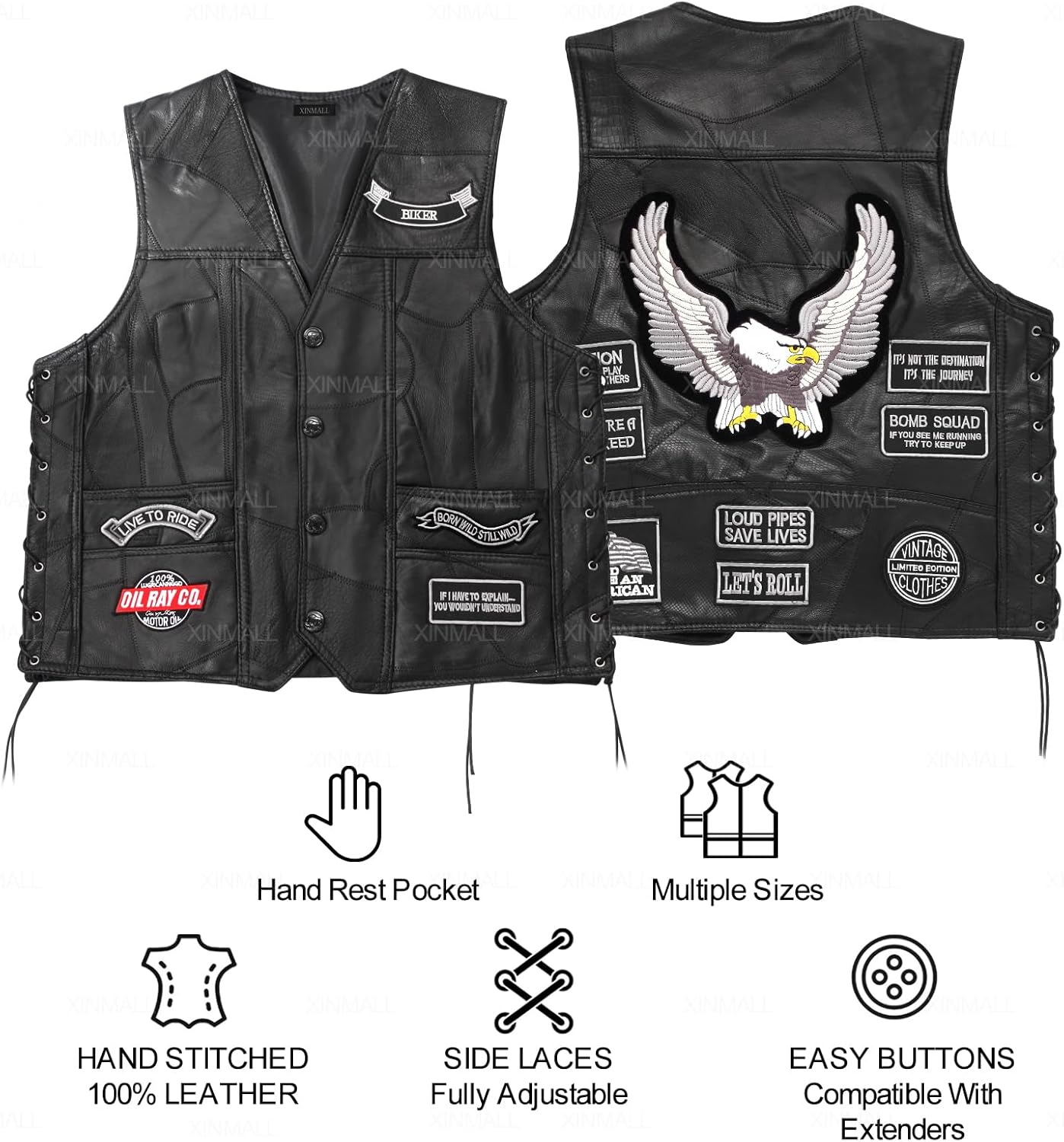 Motorcycle Genuine Leather Biker Vest for Men Club Style Classic Black With Patches - Image 5