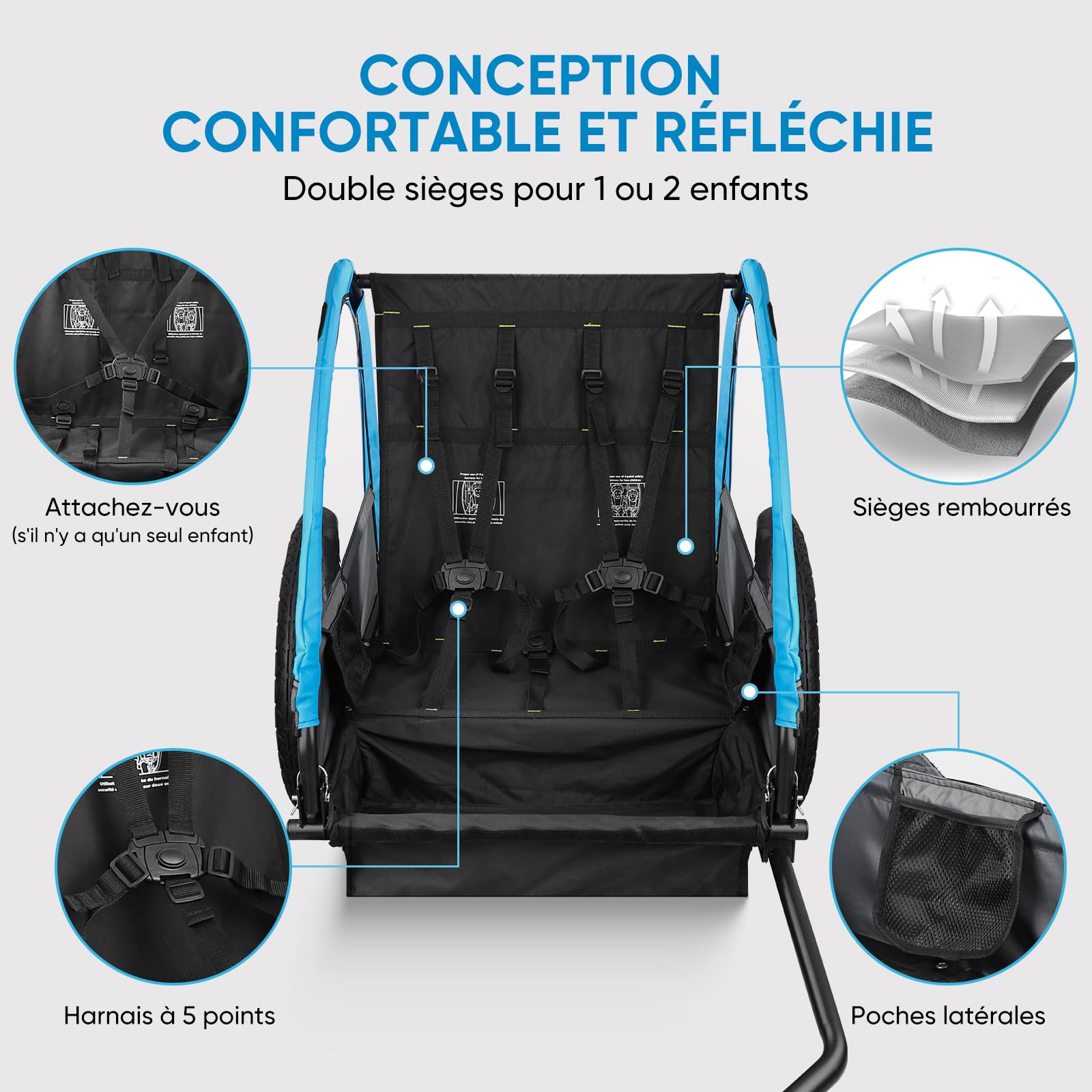 SEPNINE Remorque pour Enfant, 2 Places, véhicule Tout-Terrain pour Enfant, Ceinture de sécurité intégrée, Pliable avec Frein à Main, pour 1 à 2 Enfants de 40 kg Maximum - Bleu Clair
