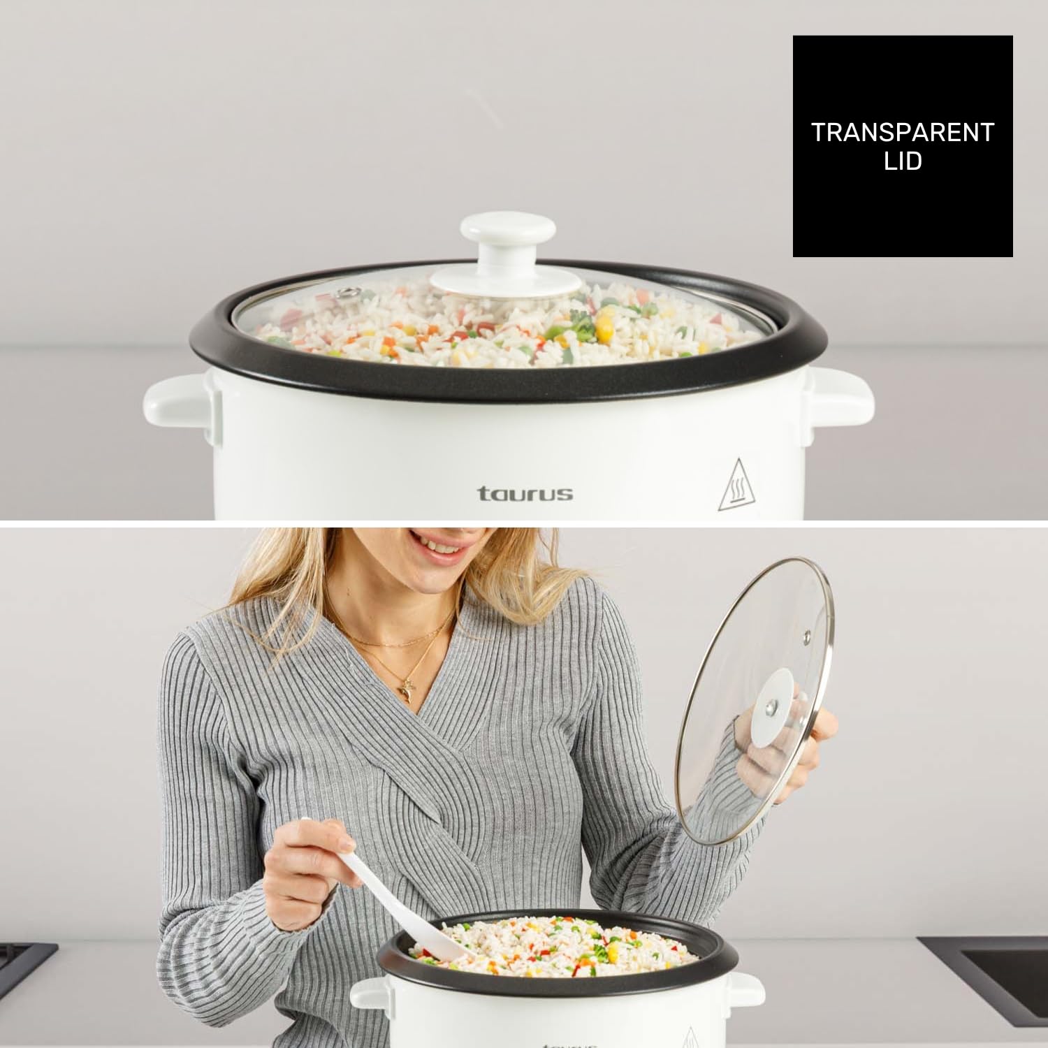 Taurus Rice Chef - Arrocera. 700W. Capacidad 1.8L. Revestimiento antiadherente. Función de cocción y mantenimiento del calor. Accesorio cocción al vapor. Blanco
