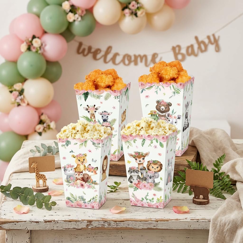 JeVenis 12 PCS Pink Jungle Animal Popcorn Boxes Safari Animal Candy Bags