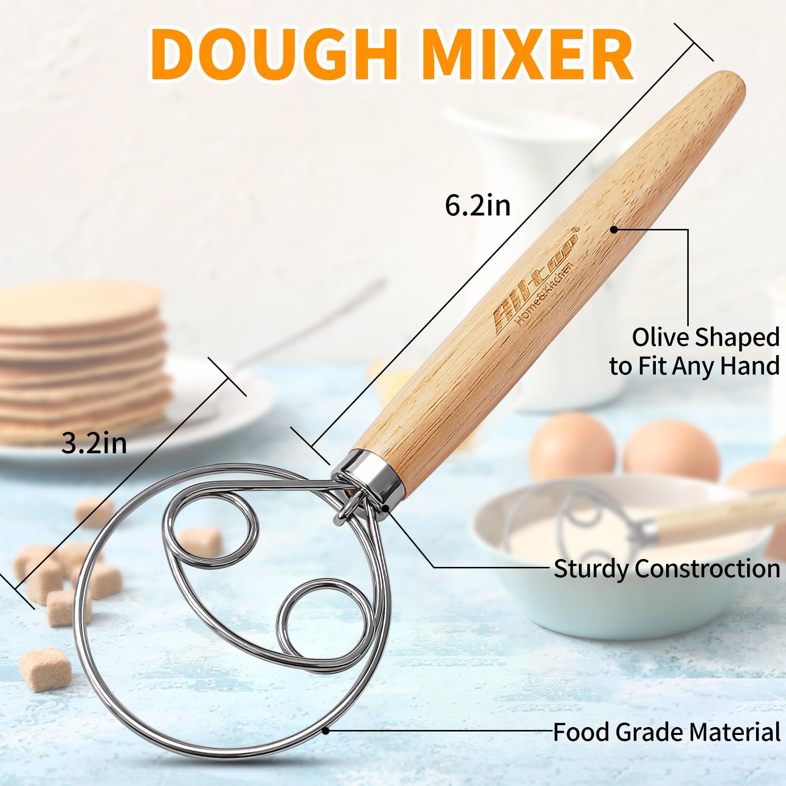 ALLTOP Danish Dough Whisk - Ultimate Dutch Mixer Hand Utensil with Stainless Steel Dough Hook - Essential Sourdough Stirring Stick for Perfect Bread Making Tool