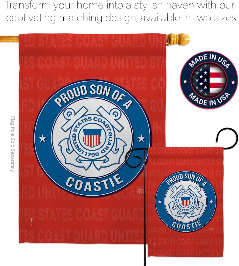 Breeze Decor Proud Son Coastie Garden Flag Set with Stand Armed Forces Coast Guard USCG Semper Paratus United State American Military Veteran Retire Official House Yard Gift Double-Sided, Made in USA