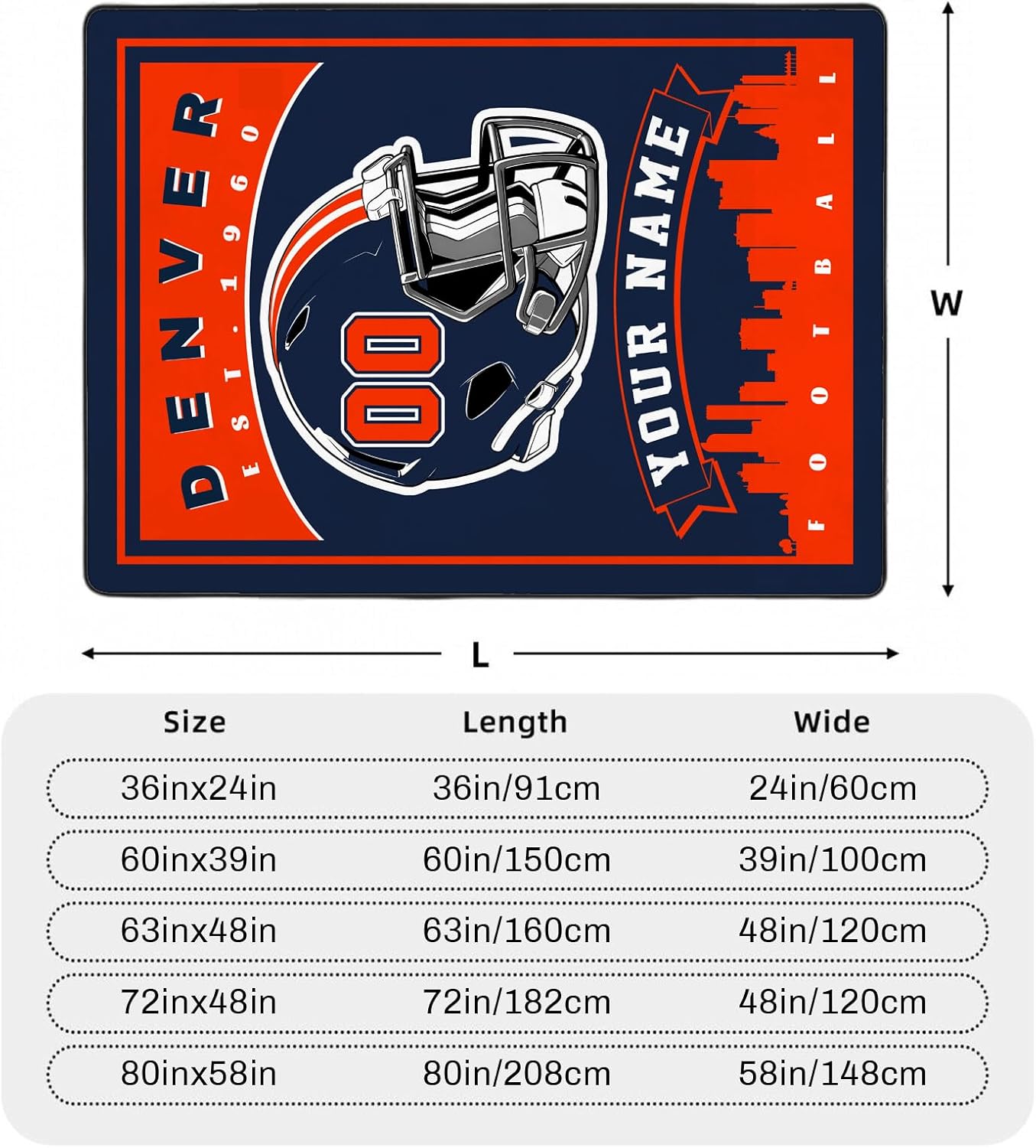 Custom Football Rug, Personalized Denver Area Carpet with Name Number, Customized Sports Rugs Gifts for Fans Living Room Bedroom Bathroom Kitchen Office Garden Balcony Decor, Large Size