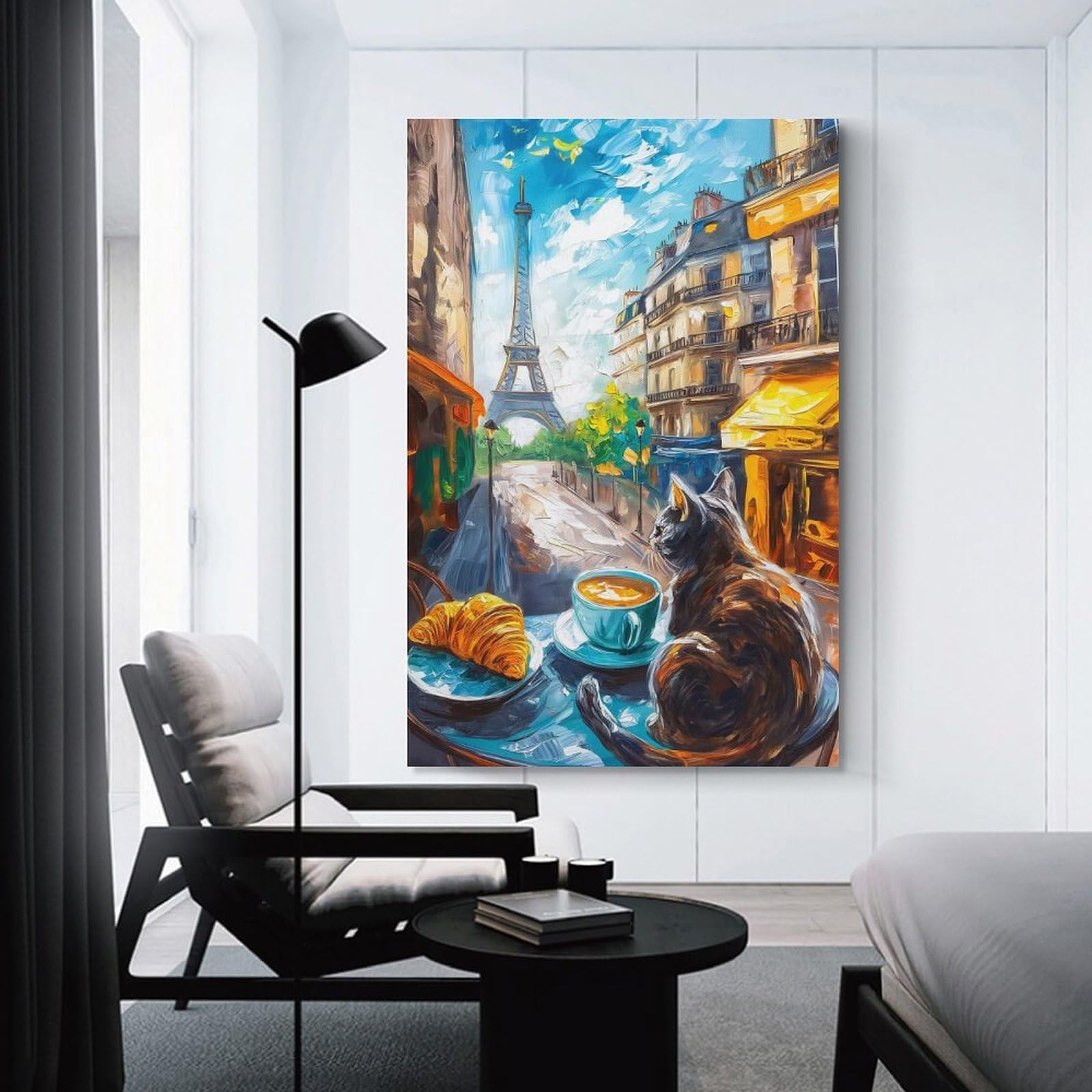 Junmoney Home Decor Wall Art Cat in Paris Cafe Painting, 16x24inch(40x60cm), for New Homes, Bedrooms Or Workspaces, Decorative Present for New Homes
