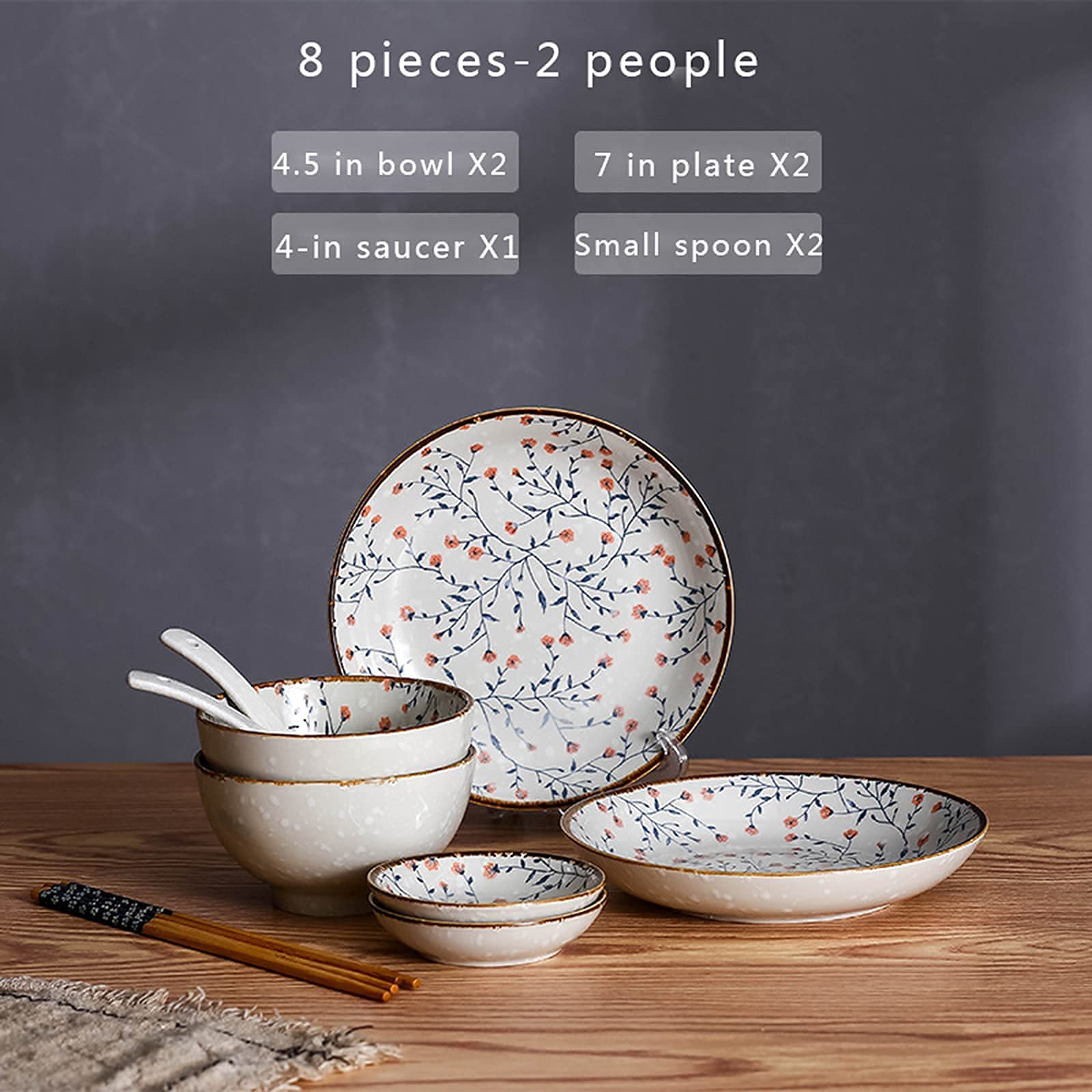 8-częściowy zestaw ceramicznych naczyń obiadowych w stylu retro, serwis dla 2 osób, miski do ryżu, zestaw talerzy sałatkowych, naczynia, serwis stołowy z przekąskami, sałatkami, deserami, przekąskami