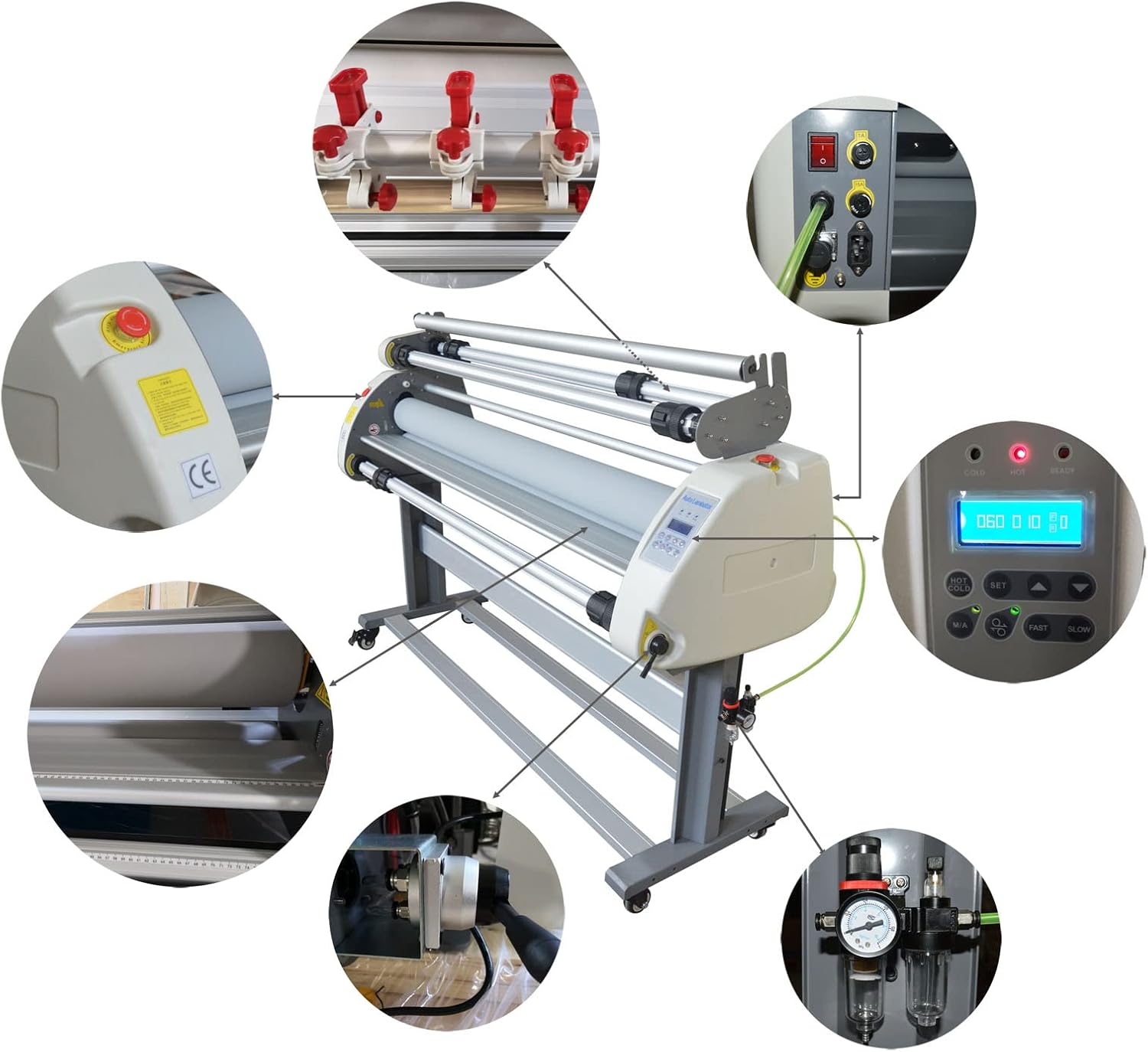 INTSUPERMAI Cold Hot Laminator Machine 63in 1600mm Full-auto Wide Format Laminator Pneumatic Low Temperature Cold Laminating Machine with Self-Stripping System Stand Trimmer Vinyl Roll Storage Cart