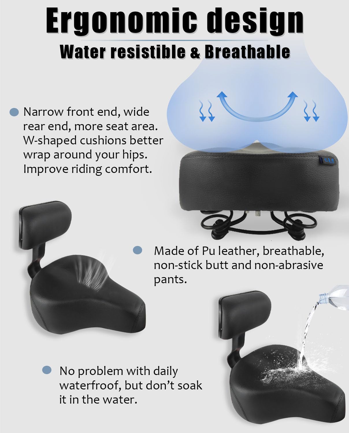Selle de scooter électrique surdimensionnée avec dossier – Coussin de rechange confortable pour siège de vélo, aile de siège de vélo extra large, design ergonomique, absorption des chocs,