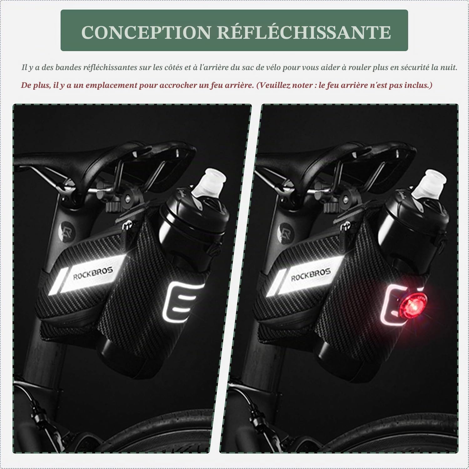 ROCKBROS Sacoche de Selle de Vélo 1L, Sac de Siège avec Porte-Bouteille, Réfléchissant pour VTT Vélo de Route Pliant Noir